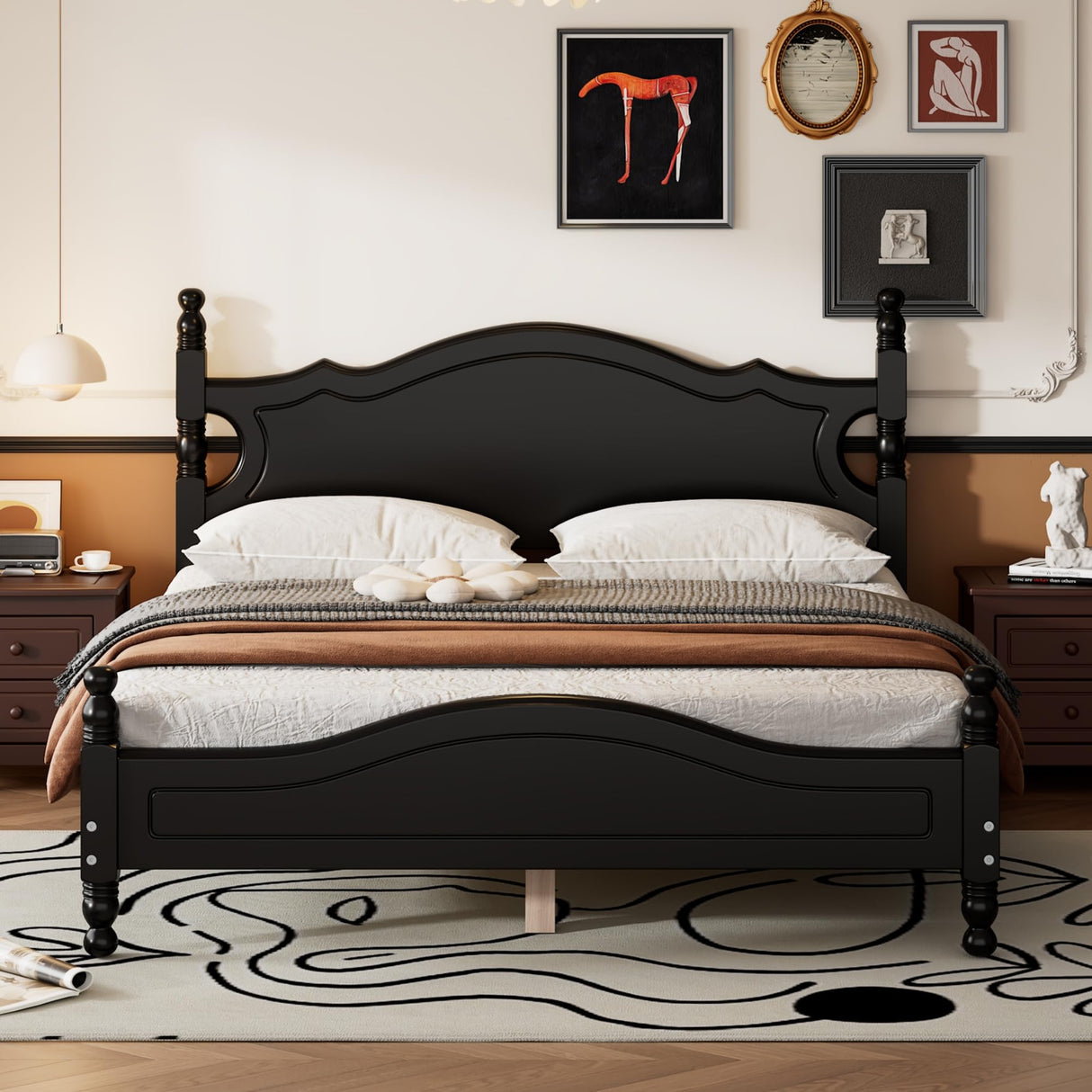 Harper & Bright Designs Retro Style Queen Size Platform Bed Frame with Sturdy Headboard in Black Harper & Bright Designs