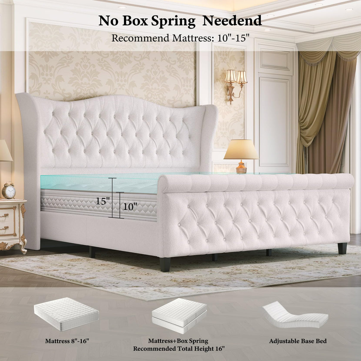 Luxury Queen Size Sleigh Bed Frame with Upholstered Headboard & Footboard,Tufted Chenille Fabric,Sturdy Wood Slat Support,Classic Wingback Design,Cream koorlian