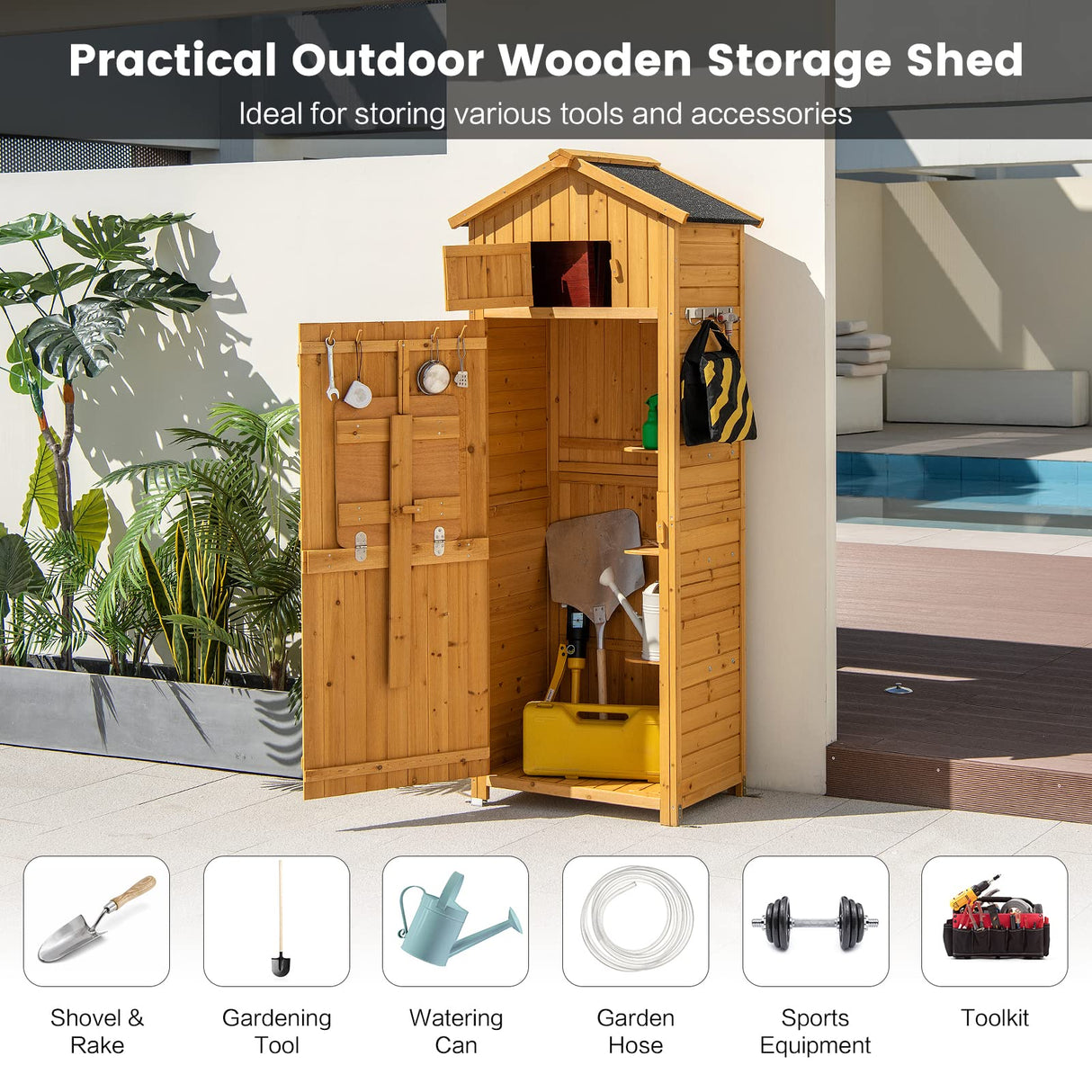 Goplus Outdoor Storage Shed, Wooden Garden Storage Cabinet with Lockable Doors, Foldable Table, Hooks, Utility Tool Organizer with Shelves, Waterproof Outside Tool Shed for Patio Backyard Lawn Goplus