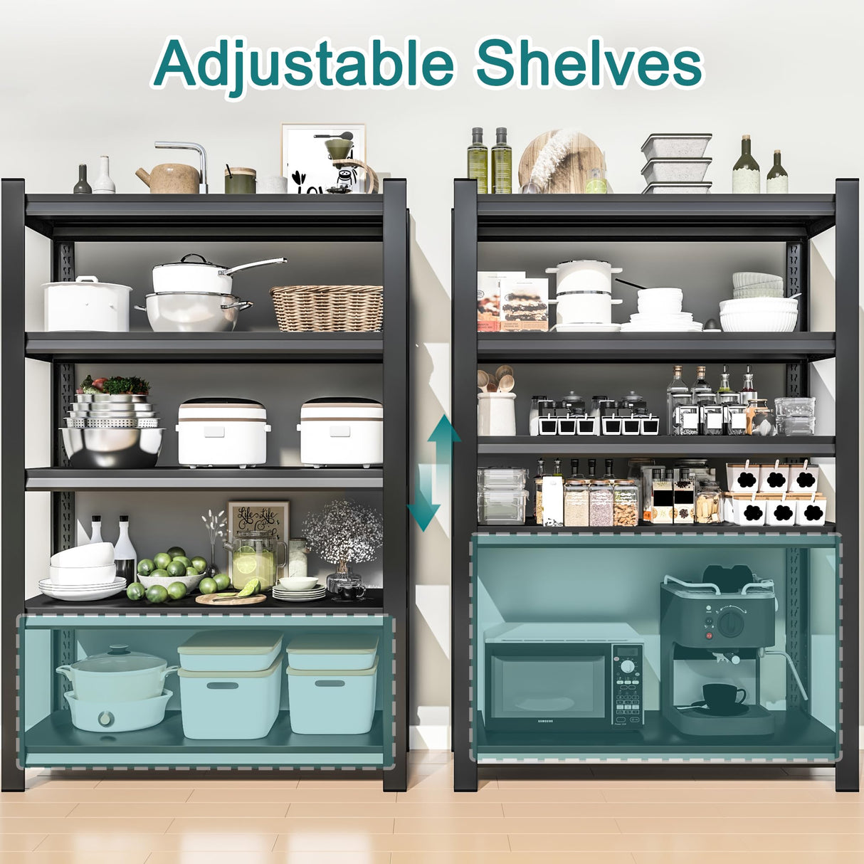 BESFUR 5-Tier Wider Garage Storage Shelves, Heavy Duty Metal Shelving Unit, Adjustable Matal Storage Shelving, 3000 lbs Capacity, for Warehouse Garage Basement, 19.7" D*47.3" W*71" H, Black BESFUR