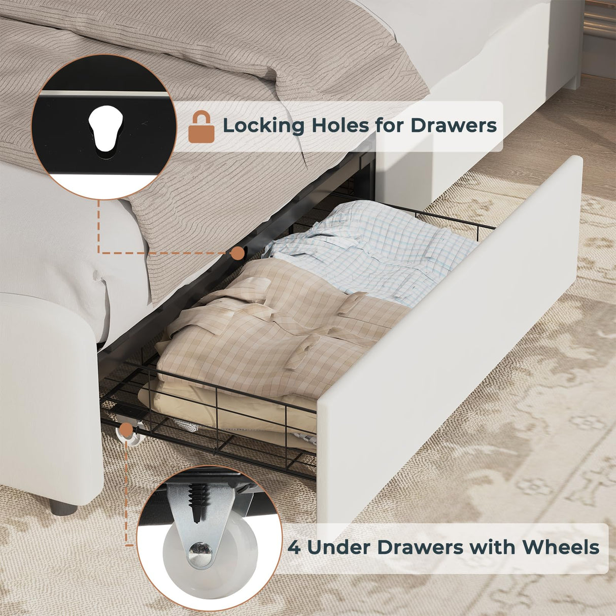 AOGLLATI Twin Bed Frame with 4 Storage Drawers & Charging Station,Upholstered Led Flower Twin Bed with Adjustable Headboard and Strong Wood Slat Support,No Spring Box Needed, Beige AOGLLATI