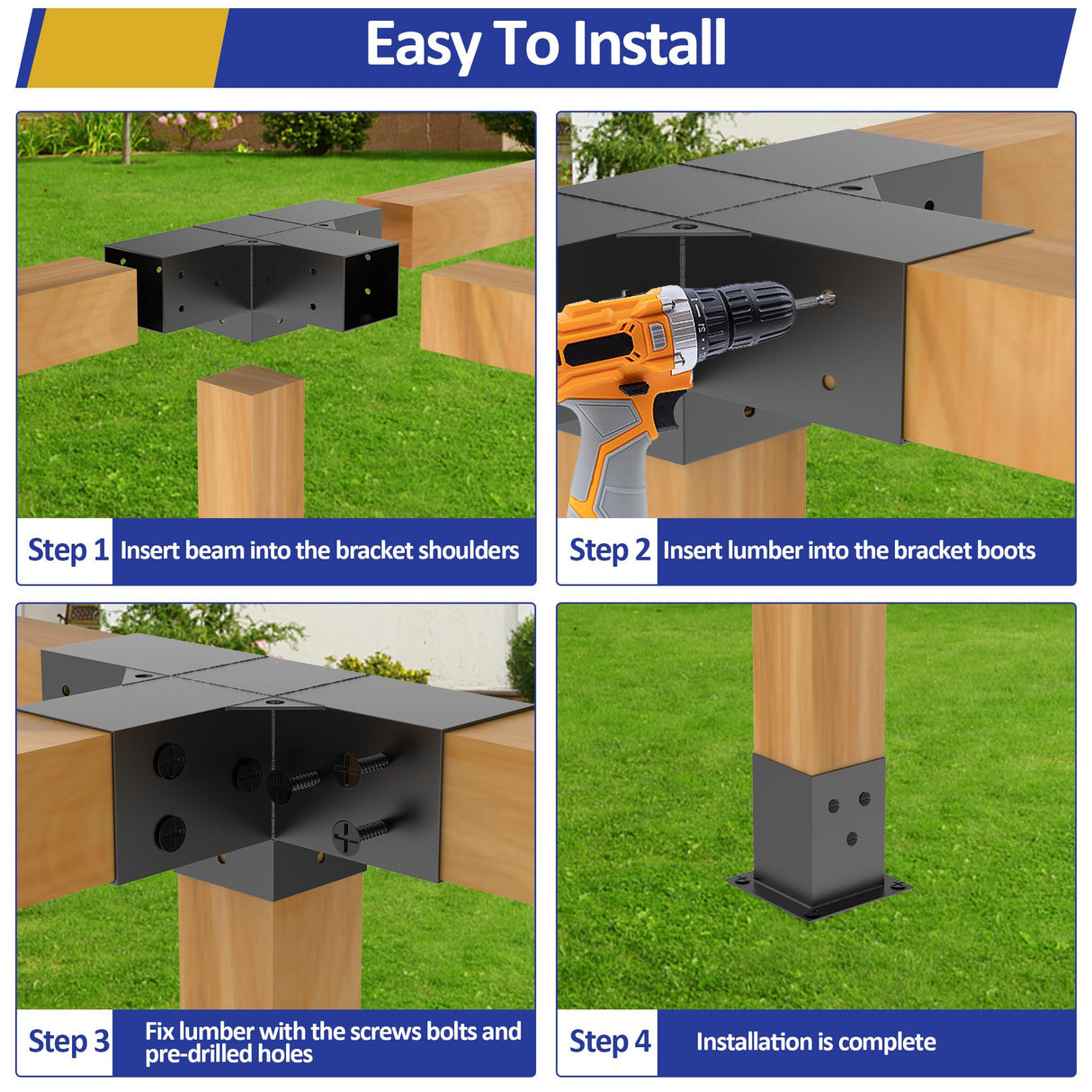 Heavy Alloy Steel Pergola Kit with 3-Way Pergola Brackets for 6"x 6" (Actual 5.5" X 5.5") Lumber,DIY Pergola Brackets Suitable for Pergolas,Gardens,and Metal Gazebo Kits - Includes Screws JEXALINE