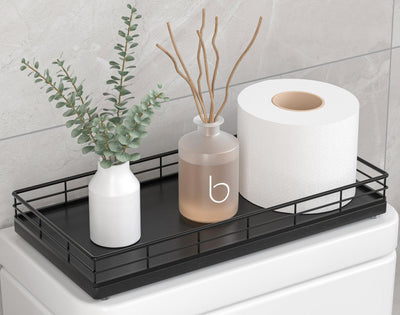 Toilet Paper Basket Organizer โ Oak Wood Toilet Tank Tray with Metal Frame, Back of Tank or Top Bathroom Counter Storage โ Black Modern Decor