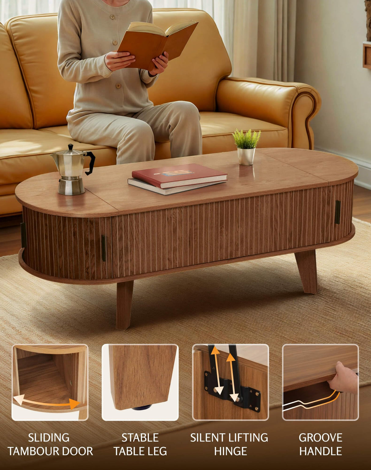 Pruchant Oval Lift Top Coffee Table with Storage, 47.2" Mid Century Modern Living Room Center Table with 180° Sliding Tambour Door, Wood Fluted Coffee Table for Home Office, Walnut Pruchant