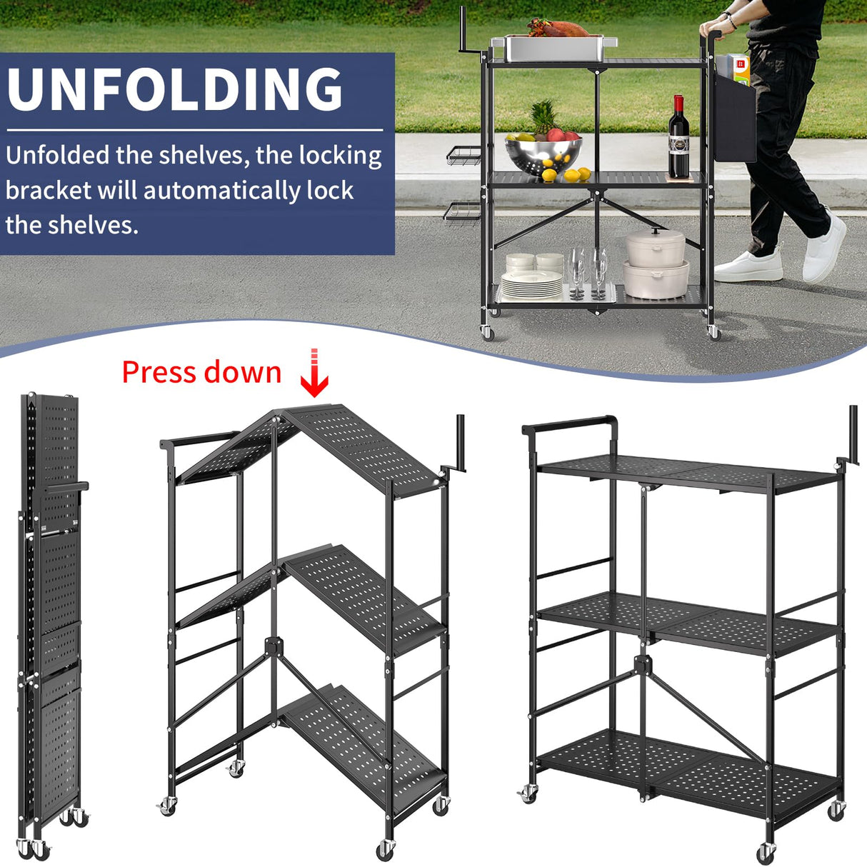 DTUQYX Rolling Kitchen Cart with Baskets: 3-Tier Microwave Stand Carts with Wheels, Kitchen Storage Rack, Foldable Outdoor Grill Cart, Utility Cart, Kitchen Island Serving Cart for Home,Camping DTUQYX