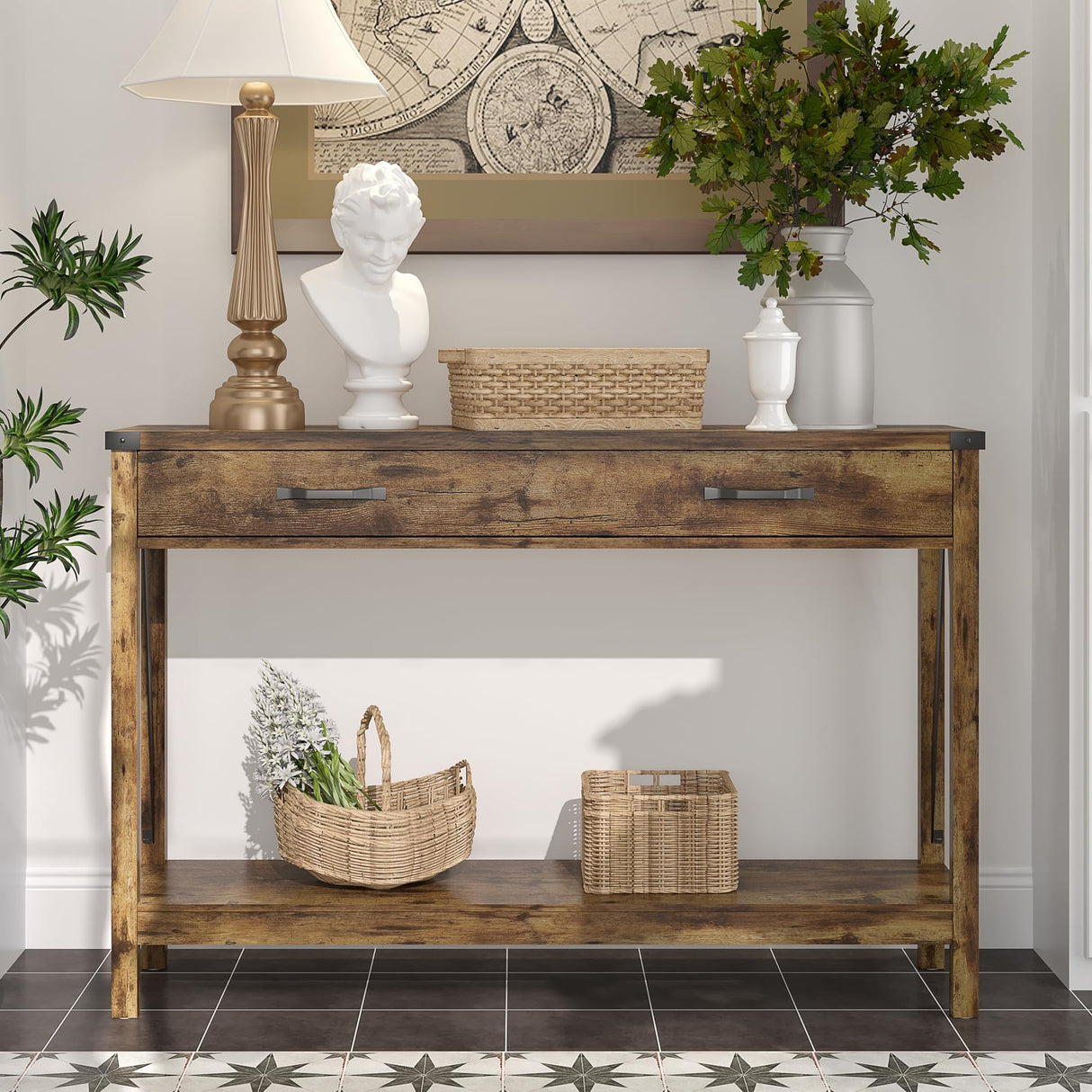 ChooChoo 47'' Farmhouse Console Table with Drawer, Entryway Table with Storage Shelf, Rustic A-Design Sofa Table for Hallway, Entrance, Living Room, Rustic Brown ChooChoo