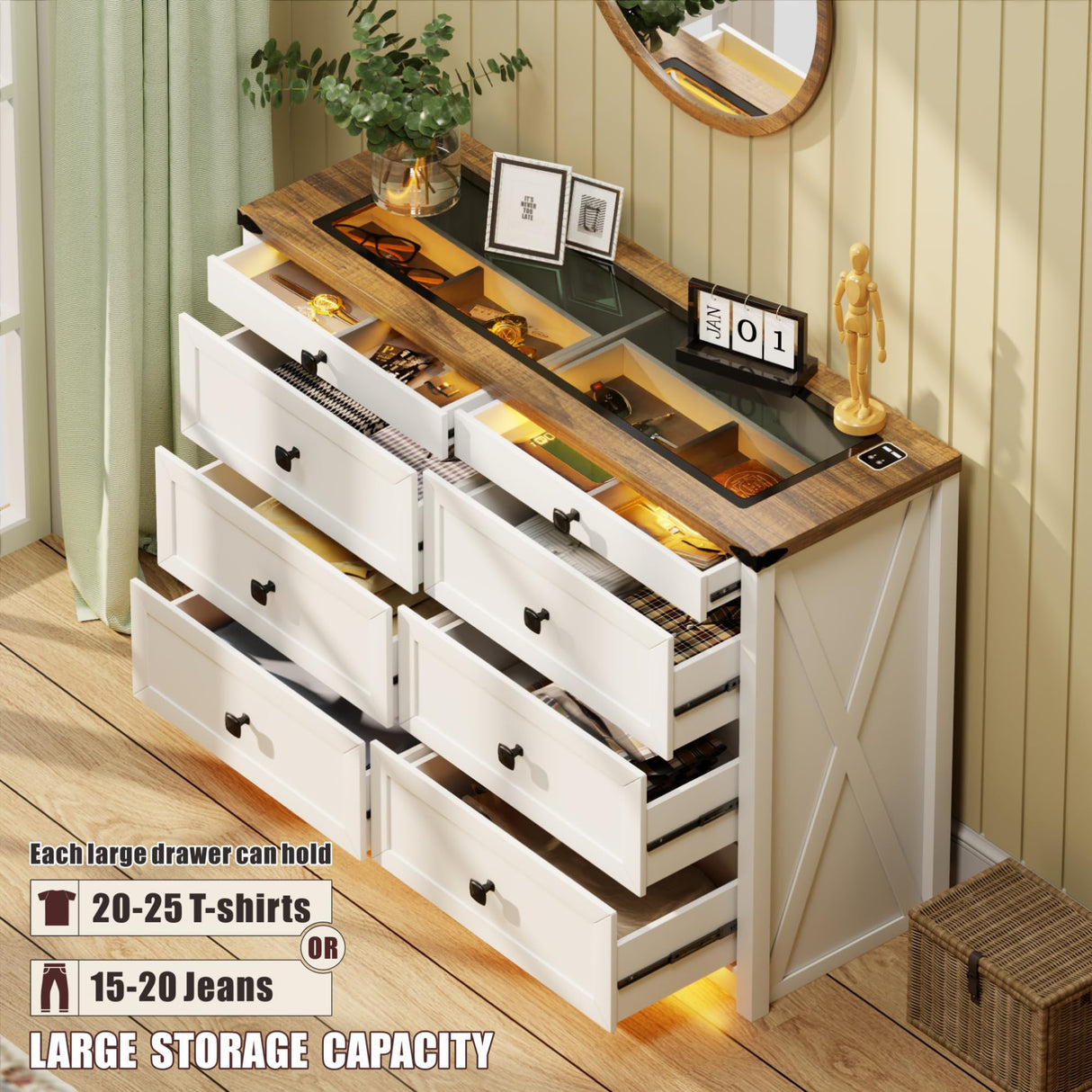 FREDEES Farmhouse Dresser for Bedroom with 8 Drawers, Wood Tall Chest of Drawers with LED Light/Charging Station/Human Sensor, Dressers Organizer for Closet, Living Room, Hallway, Antique White FREDEES