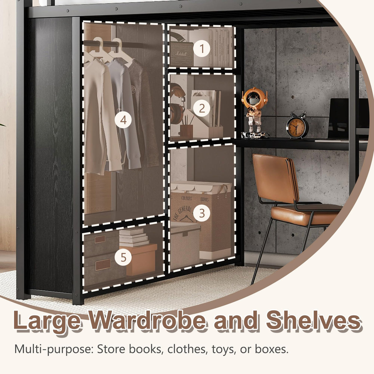 MAKIAAP Queen Heavy Duty Metal Loft Bed with L-Shaped Desk, Wardrobe & 5 Storage Shelves – Space-Saving Design for Kids, Teens, Adults – 500LBS Capacity, Easy Assembly (Queen) MAKIAAP