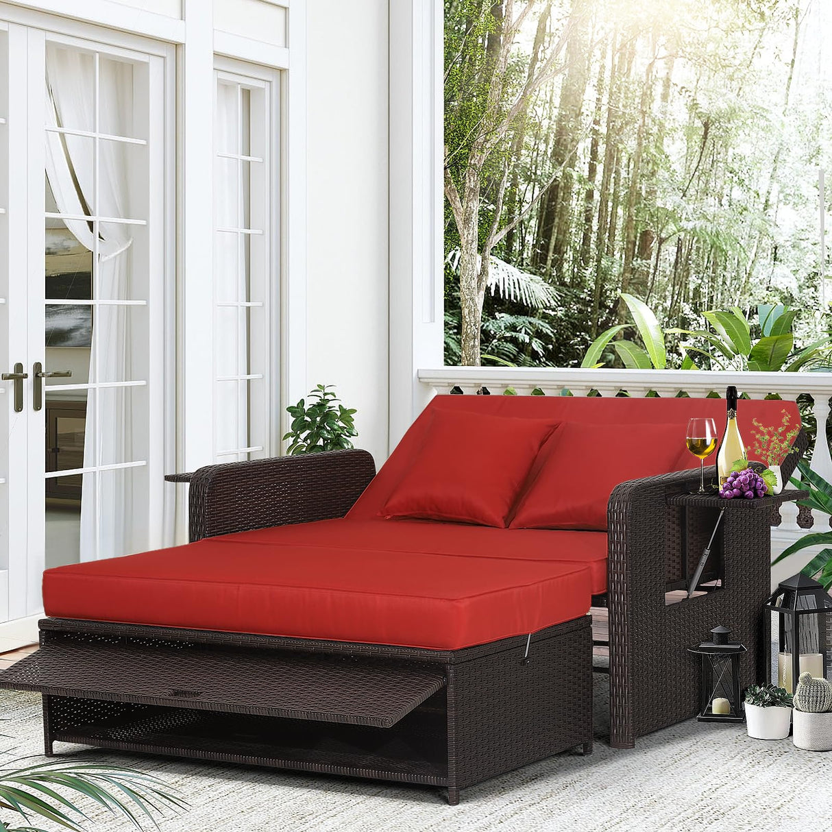 LDAILY Moccha Outdoor Daybed, Wicker Loveseat Sofa Set with 4-Postion Adjustable Backrest, Storage Ottoman, Cushions, Rattan Double Bed Lounger, Patio Furniture Set (Red) LDAILY