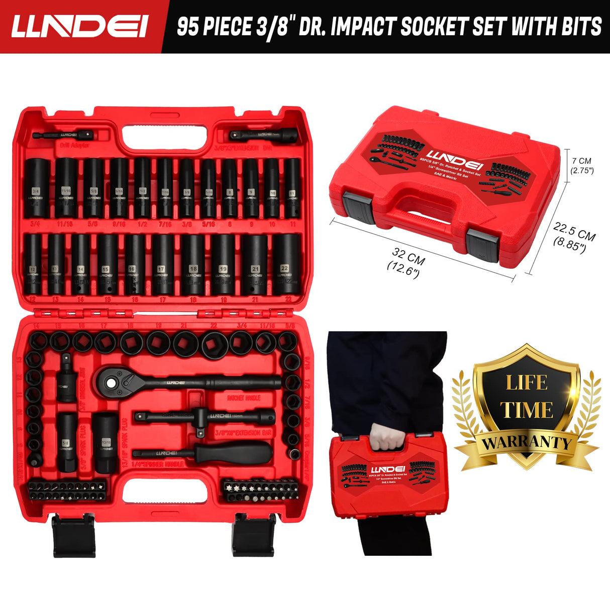 LLNDEI 3/8”Drive Impact Socket Set,Standard SAE(5/16 to 3/4-Inch) Metric Size(8-22mm), 95 Piece, CR-V Steel Deep&Shallow Kit, Adapters, Ratchet Handle, Screwdriver Bit Set, Spark Plug Socket, 6 Point LLNDEI