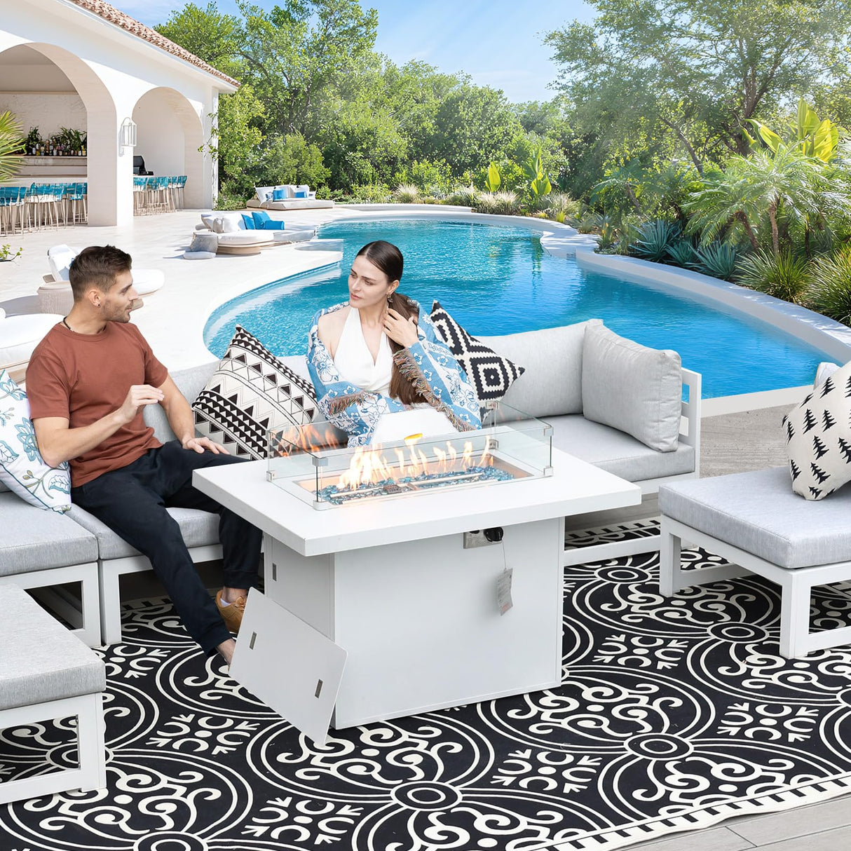 RADIATA 6 Person Large Modern Aluminum Outdoor Patio Furniture Set with Fireplace, 29" Wide Deep Seating, U Shaped Combo Sectional Couch, Water Resistant Conversation Set for Backyard Terrace, White RADIATA