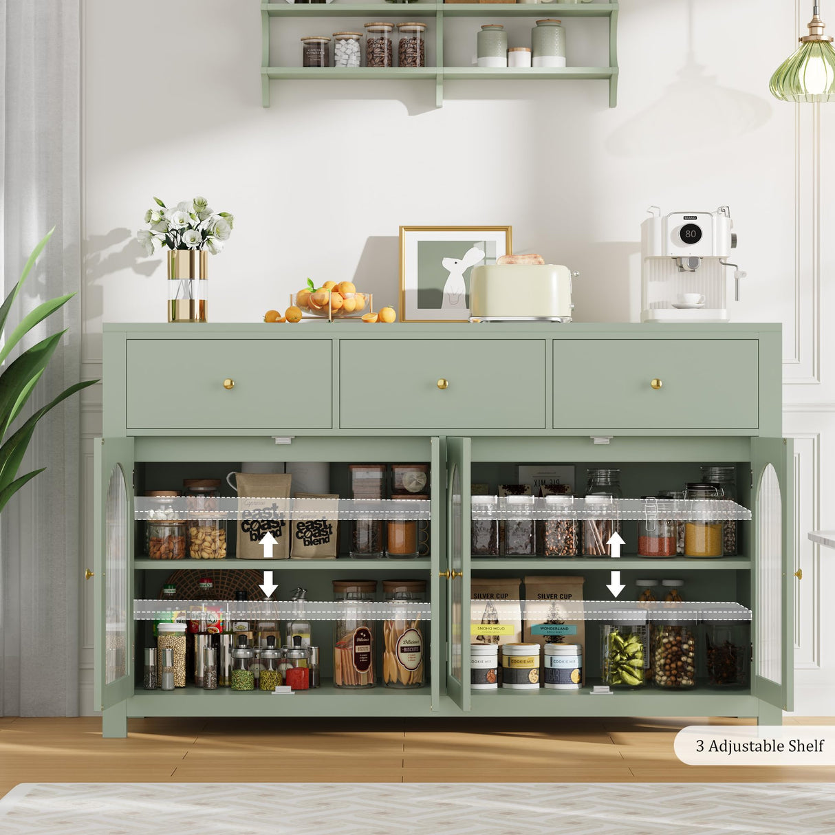 FINETONES Buffet Cabinet with Storage, 55.1" Large Sideboard Buffet, Farmhouse Kitchen Cabinet with 3 Drawers and 4 Doors, Wood Coffee Bar Table for Kitchen, Green FINETONES