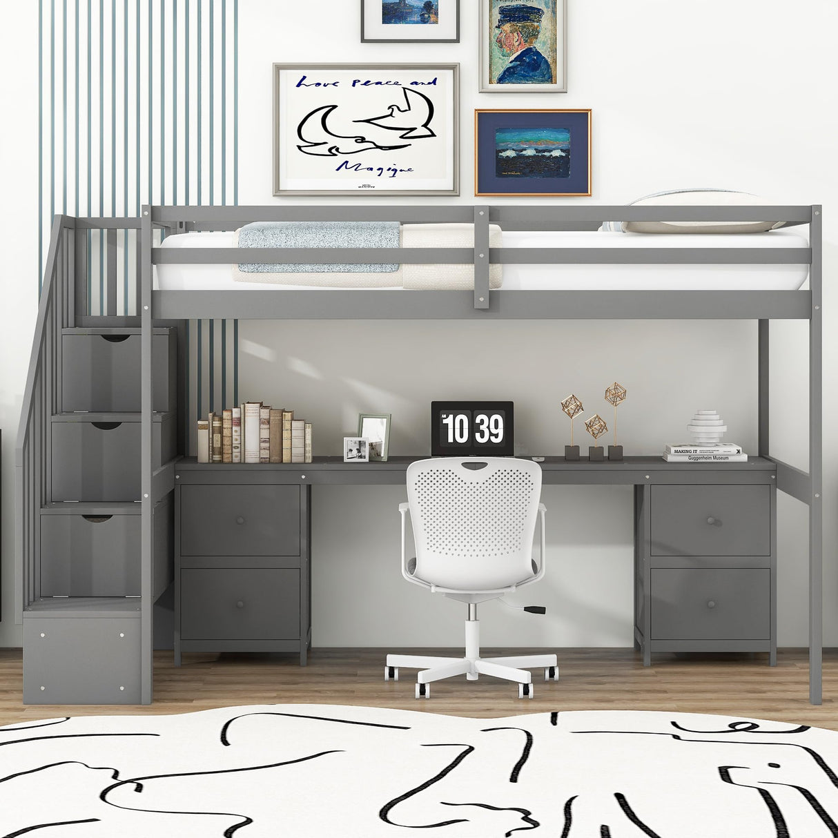 SOFTSEA Twin Loft Bed with Desk, Storage Stairs & Drawers in Grey SOFTSEA