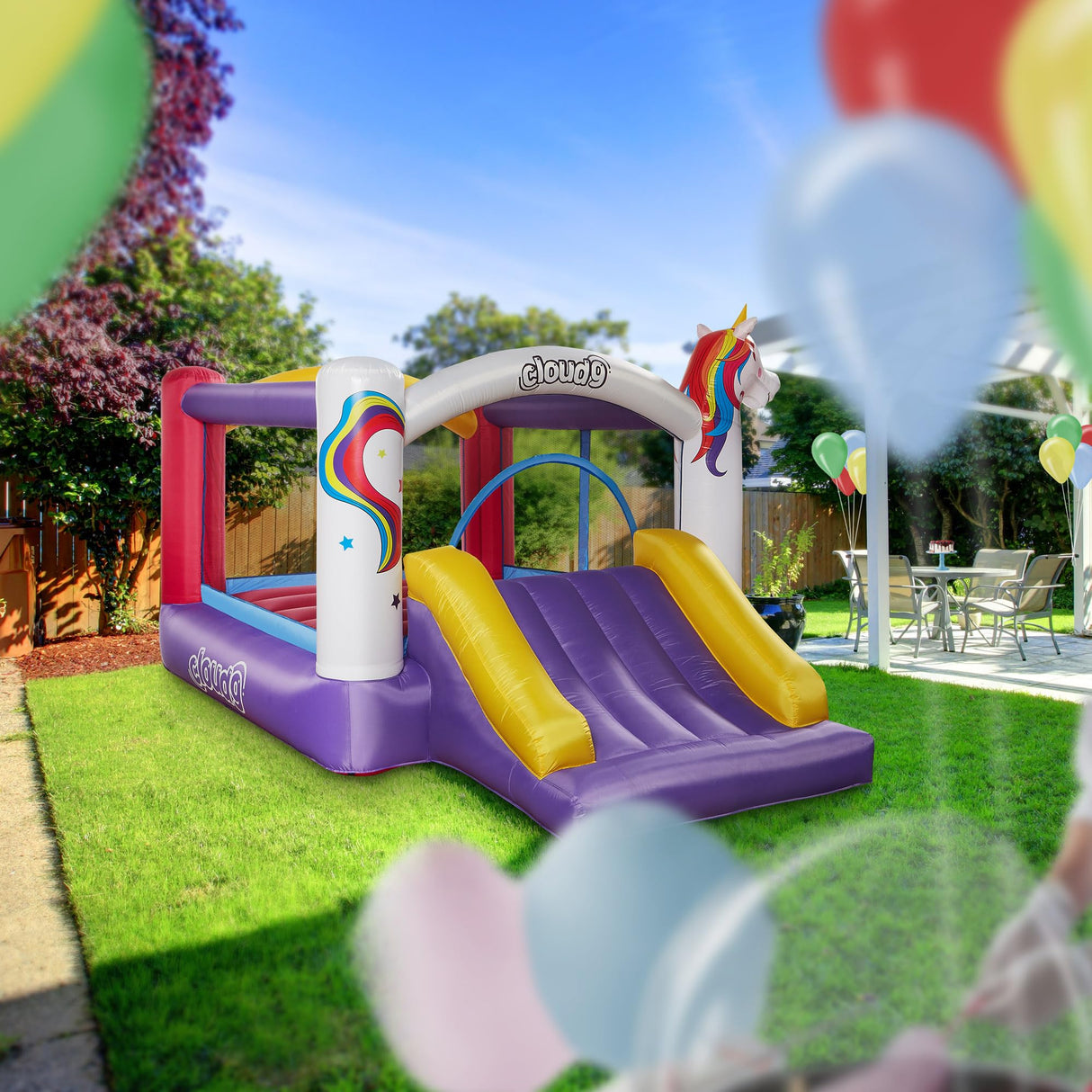 Cloud 9 Inflatable Bounce House and Blower, Unicorn Theme Bouncer for Kids with Slide, Includes Stakes and Repair Patches Cloud 9