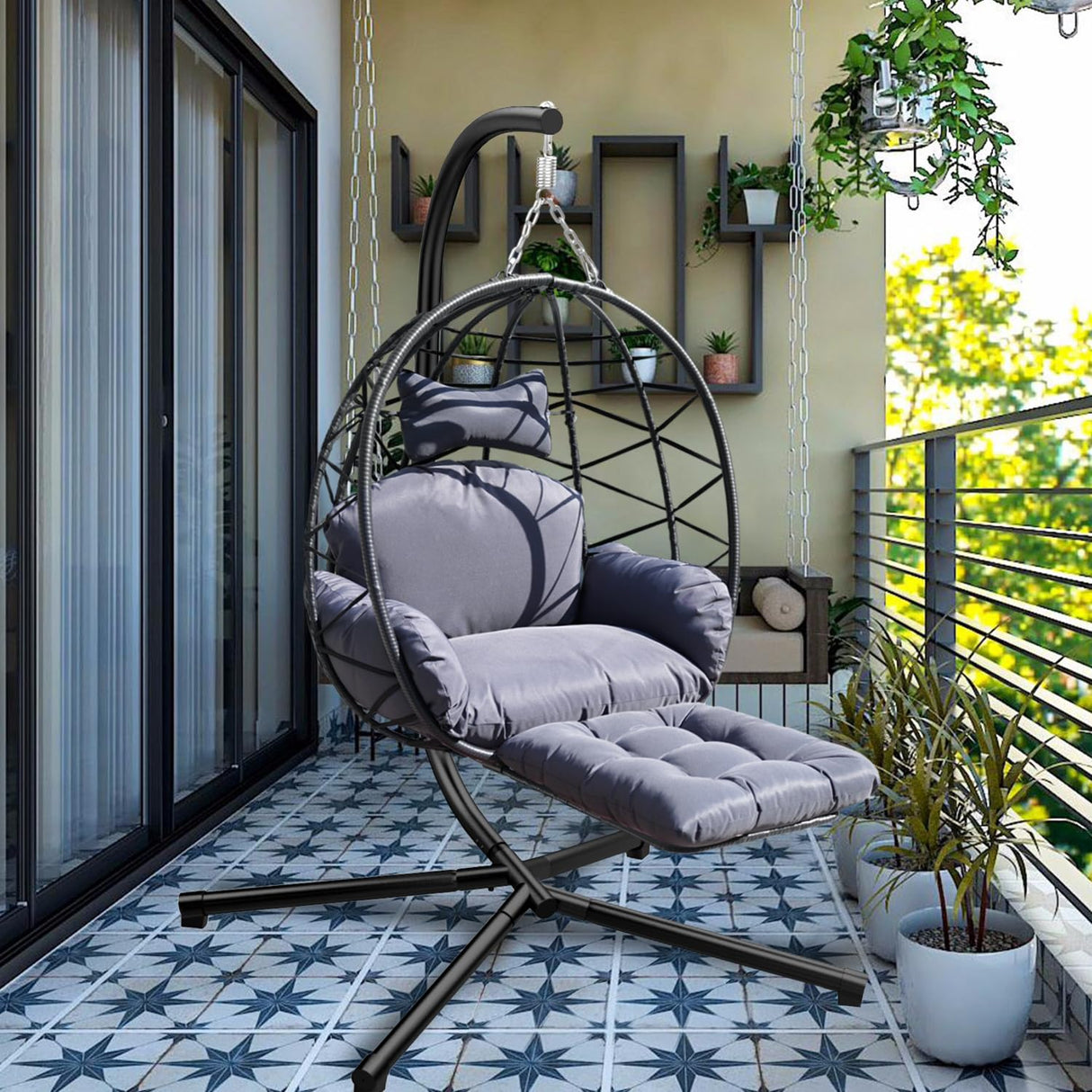 Indoor Outdoor Hanging Egg Chair with Stand & Leg Rest – Heavy-Duty Steel Frame, Handwoven Rattan Swing Chair for Patio, Garden, Bedroom – 350 lbs Capacity, Ergonomic Design (Black) Nevsokio