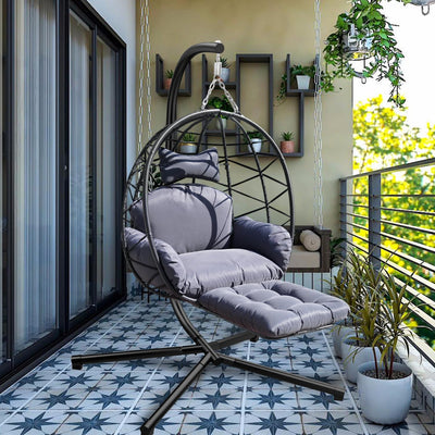 Indoor Outdoor Hanging Egg Chair with Stand & Leg Rest – Heavy-Duty Steel Frame, Handwoven Rattan Swing Chair for Patio, Garden, Bedroom – 350 lbs Capacity, Ergonomic Design (Black)