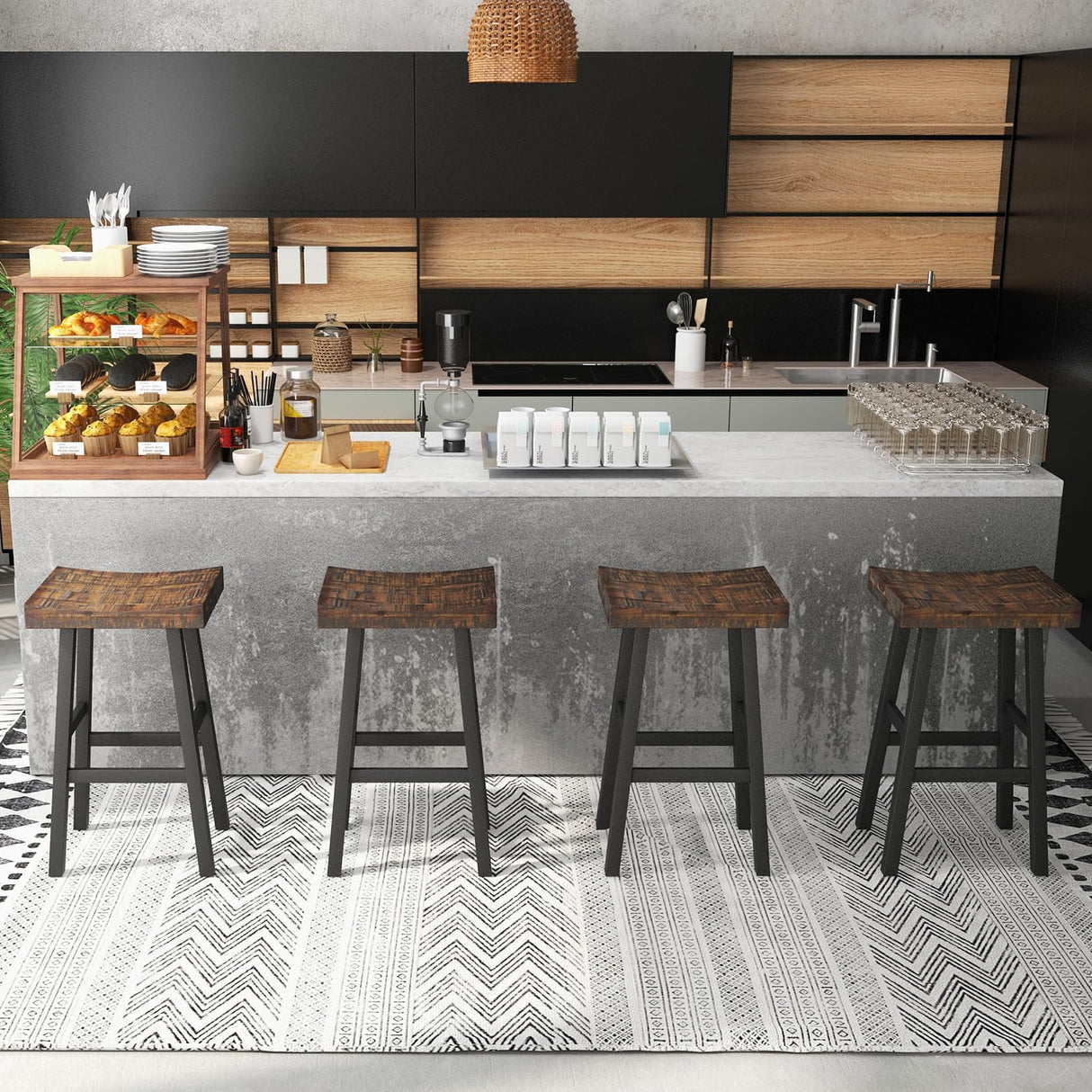 COSTWAY Wooden Saddle Stools Set of 2, 29-inch Bar Height Stools with Curved Seat Surface, Rubber Wood, Acacia Wood, Footrests, Kitchen Island Counter Stools for Restaurant Cafe Pub, Brown+Black COSTWAY