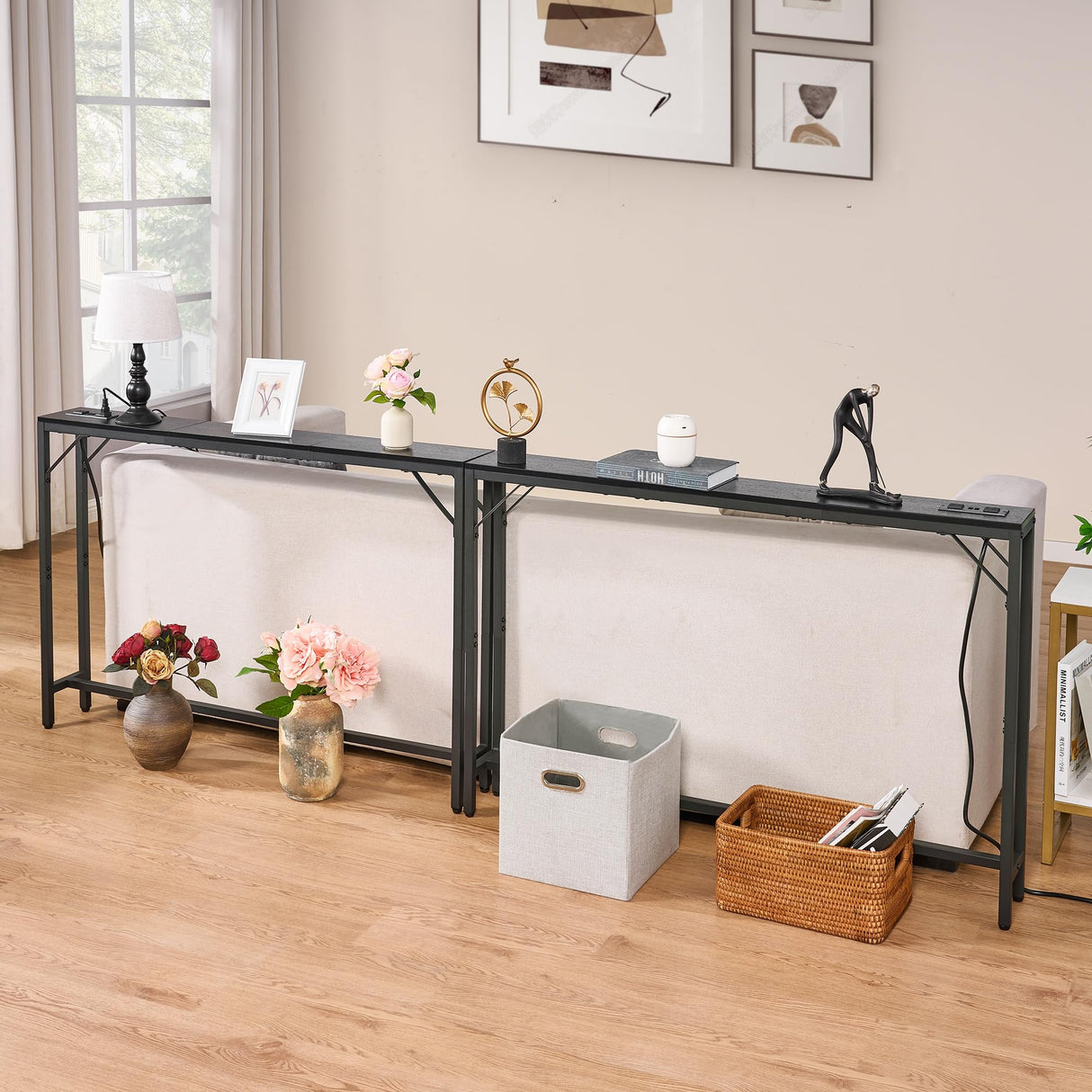 HOMCENES 5.9" Narrow Console Sofa Table with Power Outlets and USB Ports, Skinny Sofa Table with Charging Station, Slim Behind Couch Table, Entryway Display Shelf, for Living Room HOMCENES