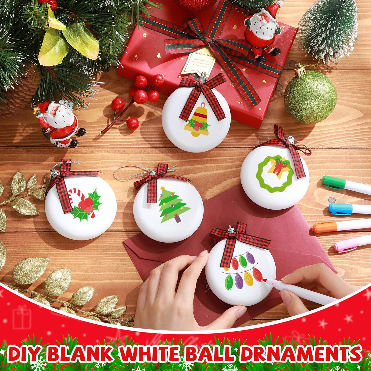 PullCrease 30 Pieces Blank Christmas Ornaments for Crafting, Sublimation Flat Ornaments DIY Matte White Ornaments Buffalo Plaid Bows Hanging Christmas Tree Balls for DIY Crafts (Silver Rope) PullCrease
