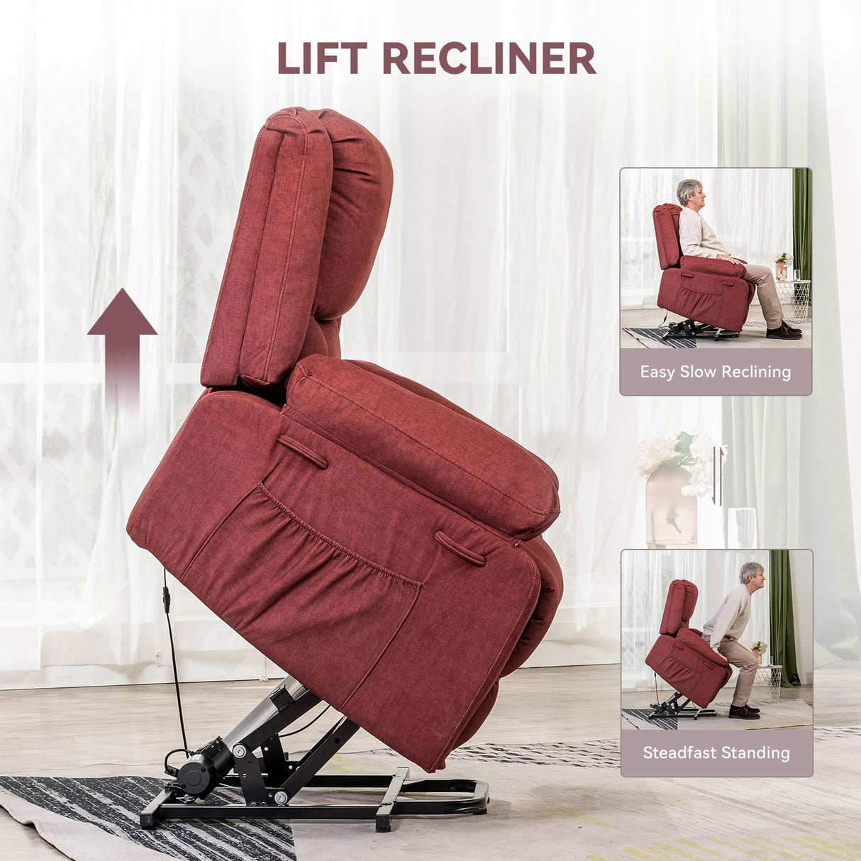 COMHOMA Power Up Lift Chairs Recliners for Elderly, Electric Recliner Chair with Massage and Heat,2 Side Pockets, Fabric (Red) COMHOMA
