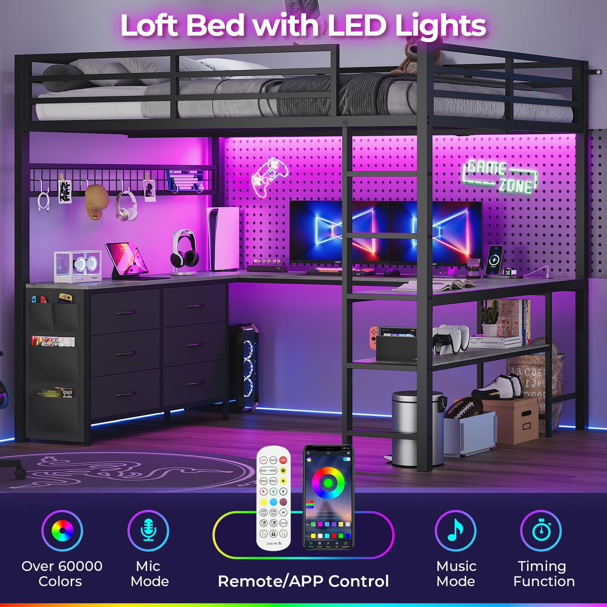 ADORNEVE Loft Bed Full Size with U-Shaped Desk, 6 Storage Drawers, Power Outlet, LED Metal Loft Bed with 2 Storage Shelves, Bed with Safety Guardrail & Ladders, No Box Spring Needed, Grey ADORNEVE