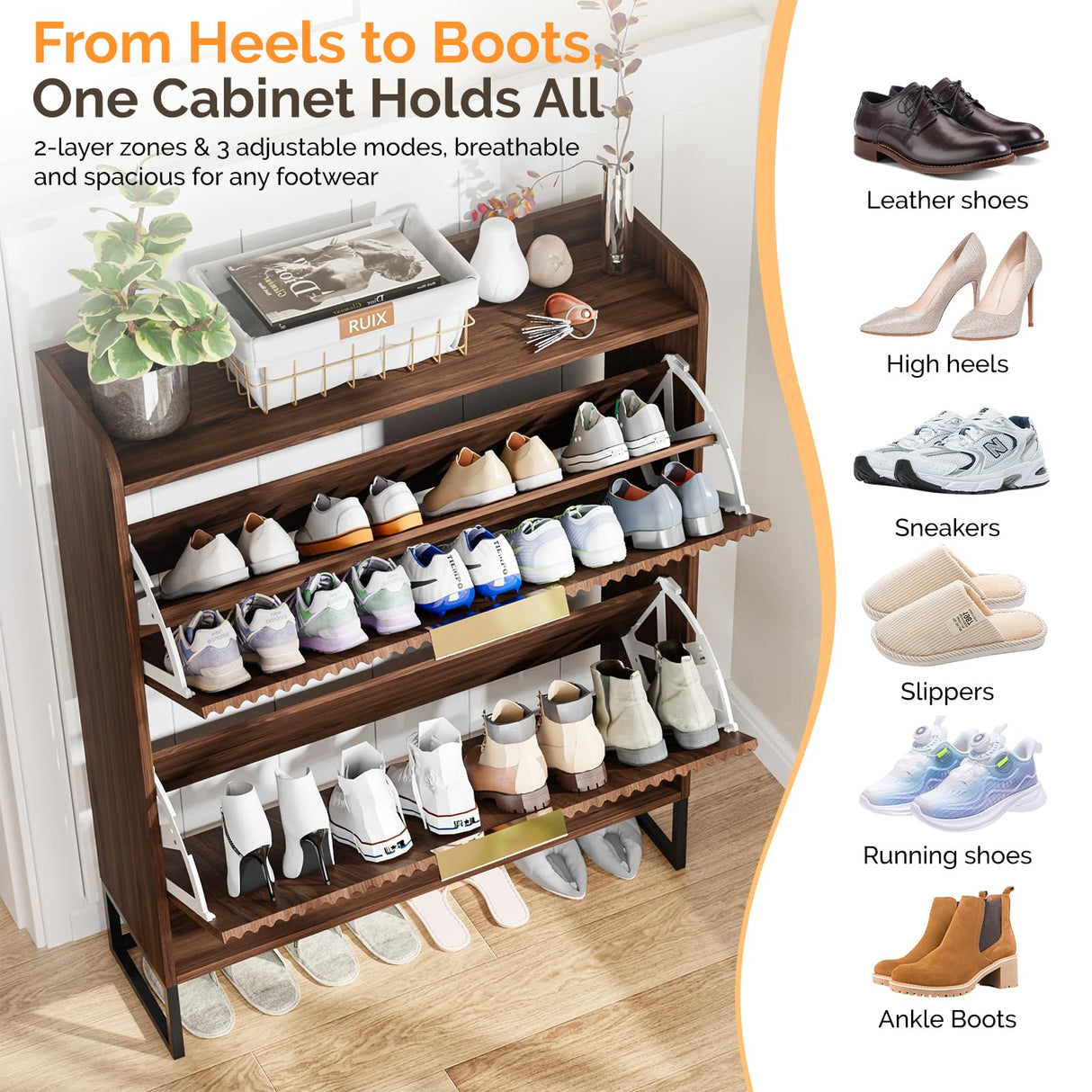 VINGLI Fluted Shoe Cabinet Storage for Entryway,Hidden Shoes Storage Cabinet with 2 Flip Drawers, Mid Century Modern Shoe Rack Organizer,Free Standing Shoes Organizer for Hallway(Dark Walnut) VINGLI