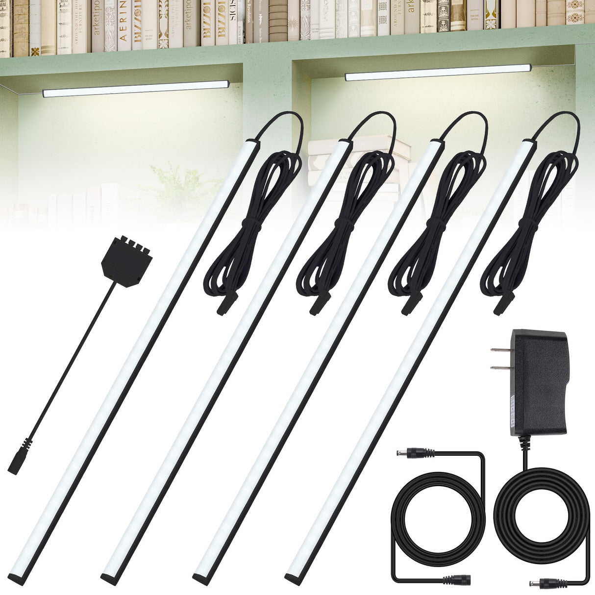 JUSJUBR Black Shell Display Case Lights, LED Lights for Display Case with Memory Function, 4x12 Inch Bookshelf Lighting, LED Cabinet Lights for Shelf, Cold White 6000K JUSJUBR