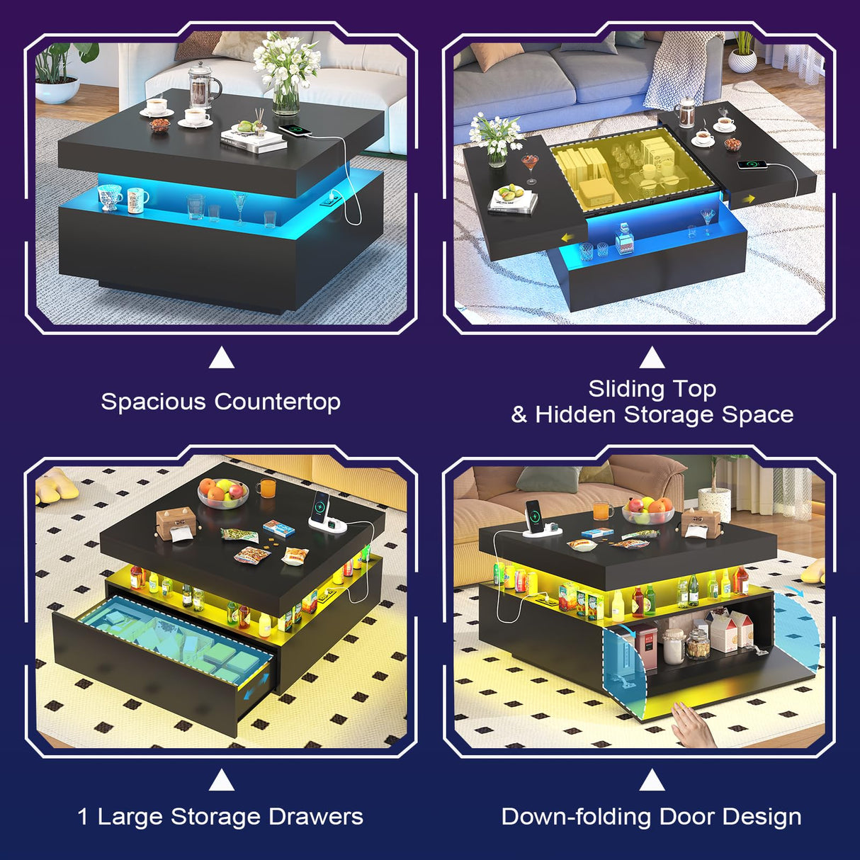 31.5" Square Coffee Table with Sliding Top and Charging Station, Black Coffee Tables with LED Lights and Storage Drawer for Living Room, Modern Center Table with Hidden Compartment, Cabinet Gacfiew