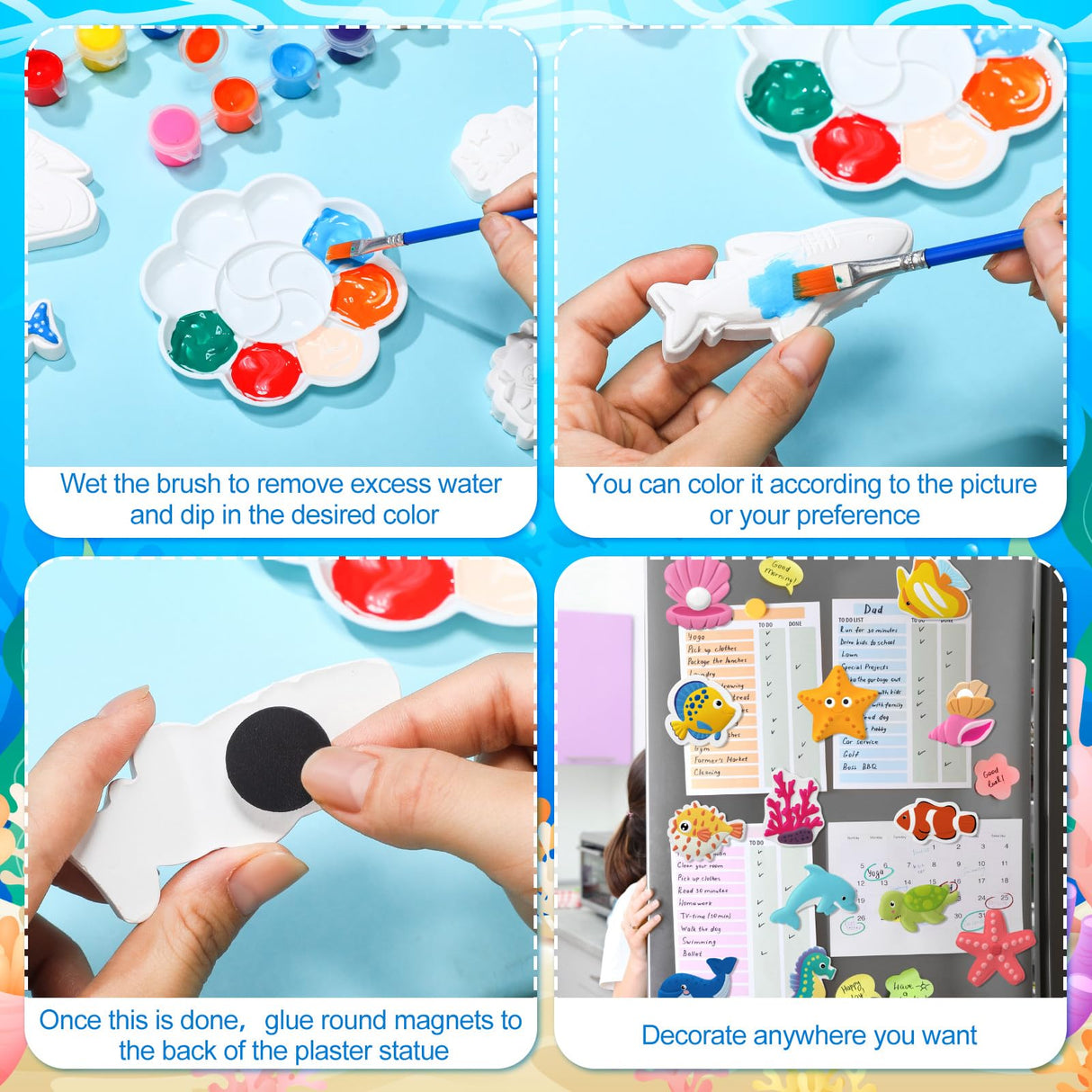 Soulchen 24 Set Ocean Animals Ceramic Painting Kits Sea Animals Ceramic Figurines to Paint with Magnets, Paint Your Own Summer Crafts DIY Unpainted Plaster Figurine Arts with Brushes Palettes Soulchen