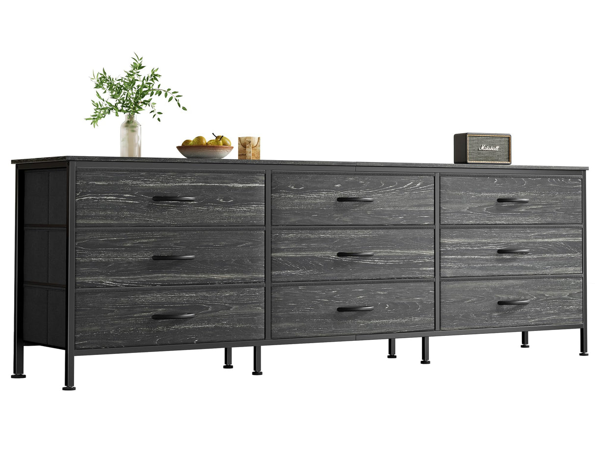 Huuger 9 Drawer Dresser, 63 Inch Dresser TV Stand for 55, 65, 70 Inch TV, Entertainment Center with Drawers, Large Long Fabric Dresser for Bedroom, Closet, Charcoal Black Wood Grain Print,8730D Huuger