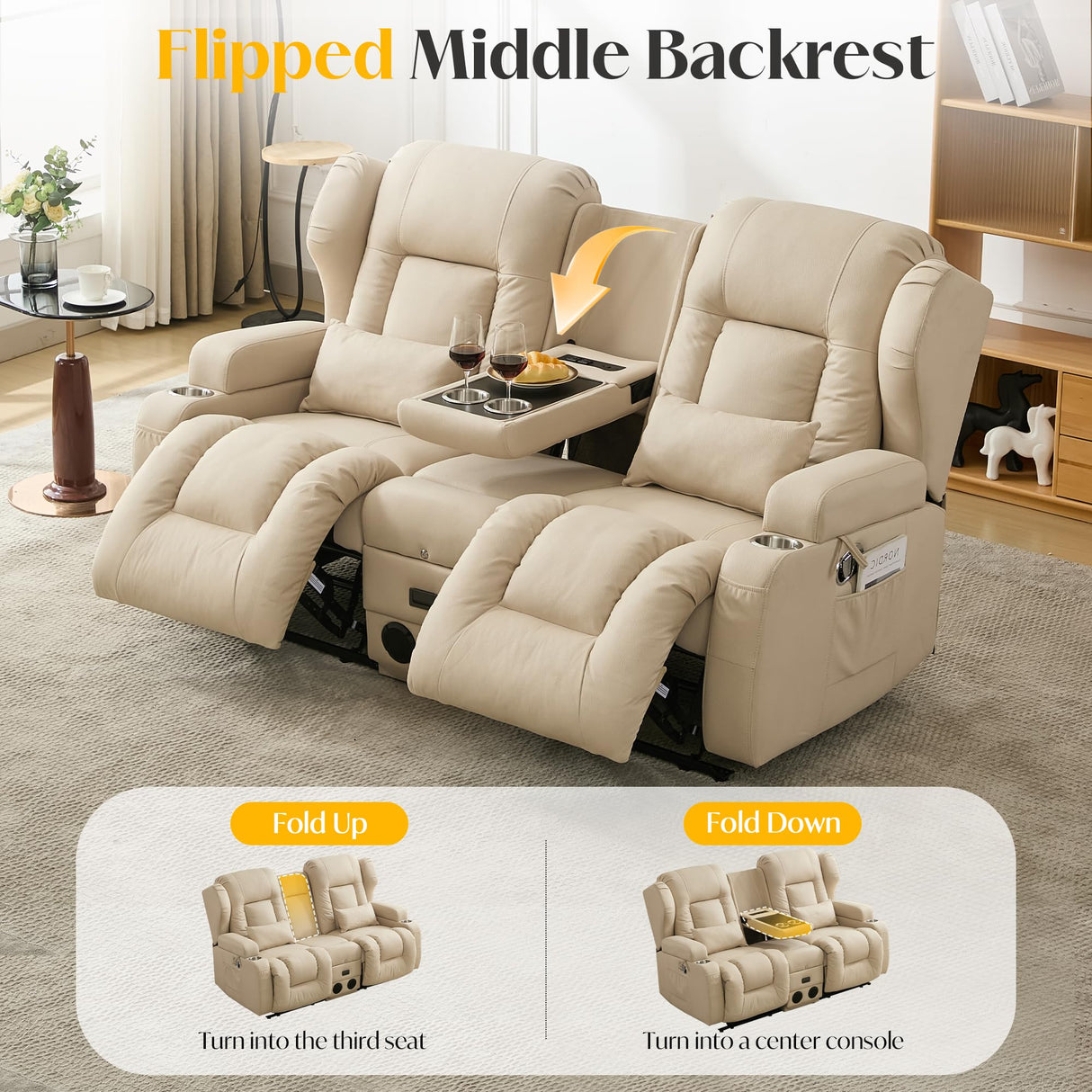 DRMBOOK Loveseat Rocker Recliner Sofa, Leathaire Fabric Double Reclining Couches with Console, Manual Reclinable Dual Recliner, RV Movie Theater Seating with USB/Bluetooth Speaker (Leathaire Beige) DRMBOOK