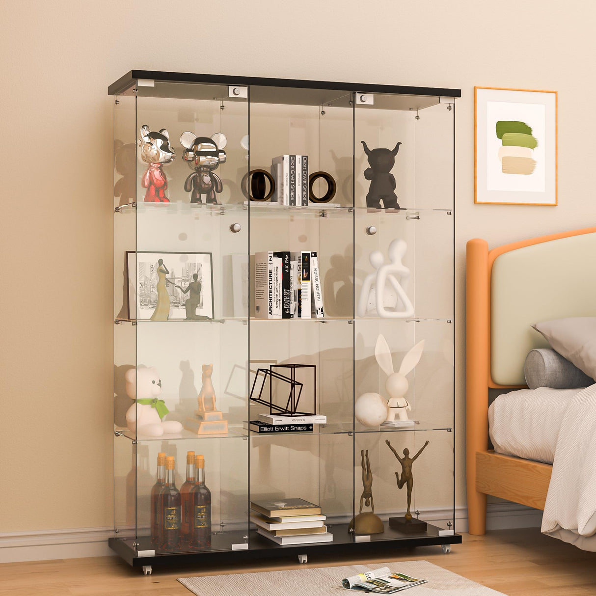 FANYUSHOW Glass Display Cabinet with 12 Shelves, 3 Columns and Lock, Extra Large DIY Curio Cabinets Quick-Install Style 5mm Tempered Glass Bookshelf for Living Room, Bedroom, Black FANYUSHOW