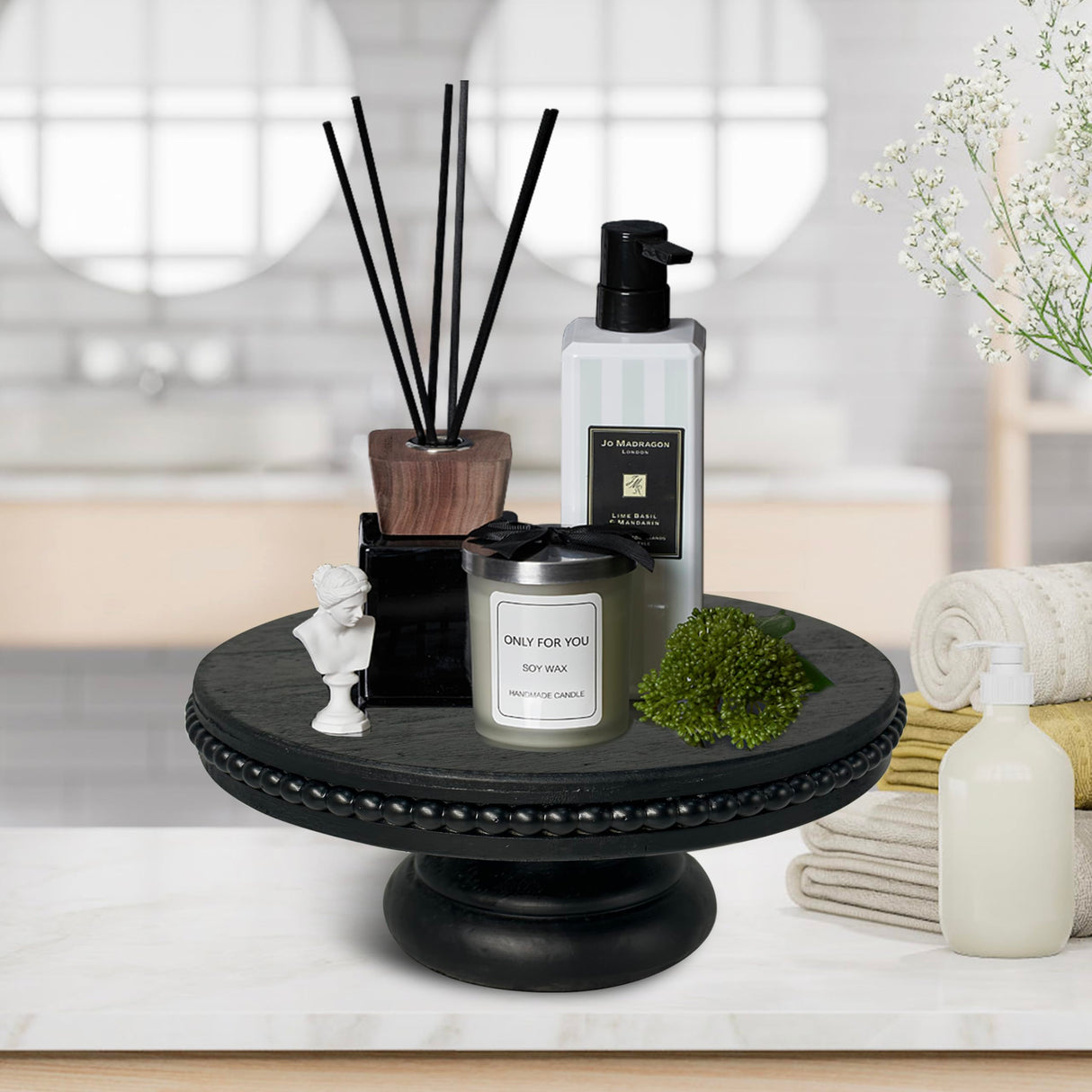 dwellington White Wash Display Wood Riser, 8.25¡± Shabby Chic Pedestal Tray Decor with Beads, Farmhouse Display Stands for Coffee Bar, Bathroom, Kitchen Island (Black) dwellington