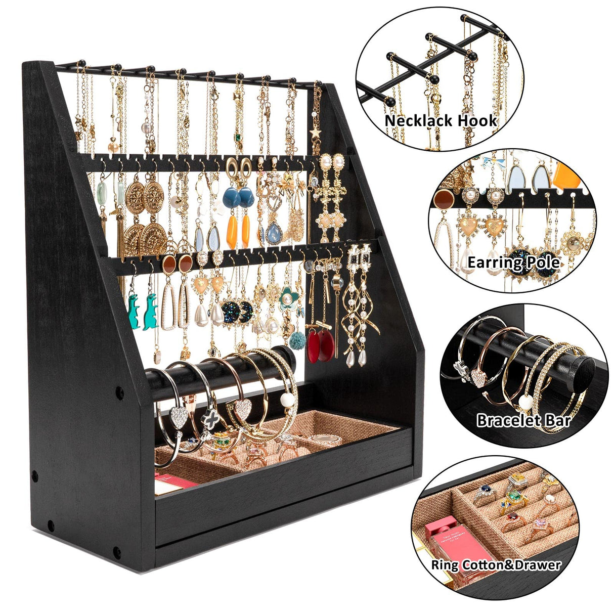 DGWJSU Earring Organizer, 5 Layer Earring Holder Organizer with Necklace Holder, Rustic Wood Jewelry Organizer Stand Display for Stud Earring Bracelet Necklace Ring, Watches DGWJSU