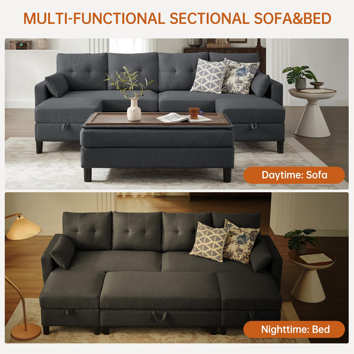Convertible Sectional Sleeper Sofa with Storages, 100" U Shaped 4 Seater Couch with 2 Movable Ottomans and 1 Ottoman Bench Polyester Fibre for Living Room, Dark Grey Soscana