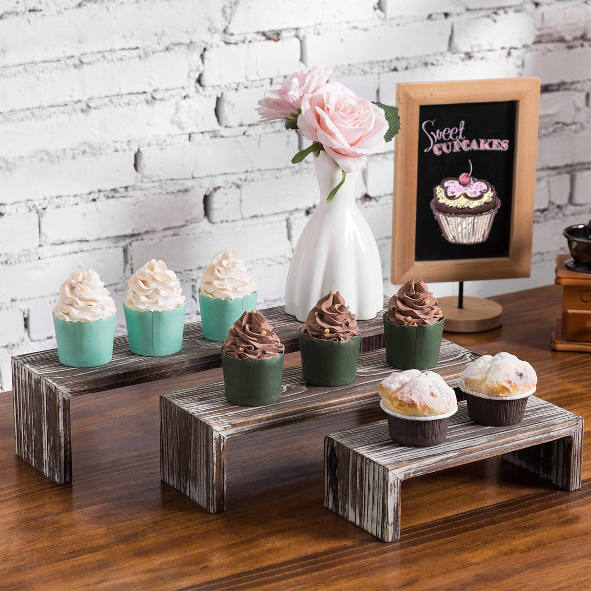 MyGift Tabletop Torched Wood Nesting Decorative Display Riser Stands, Set of 3 MyGift
