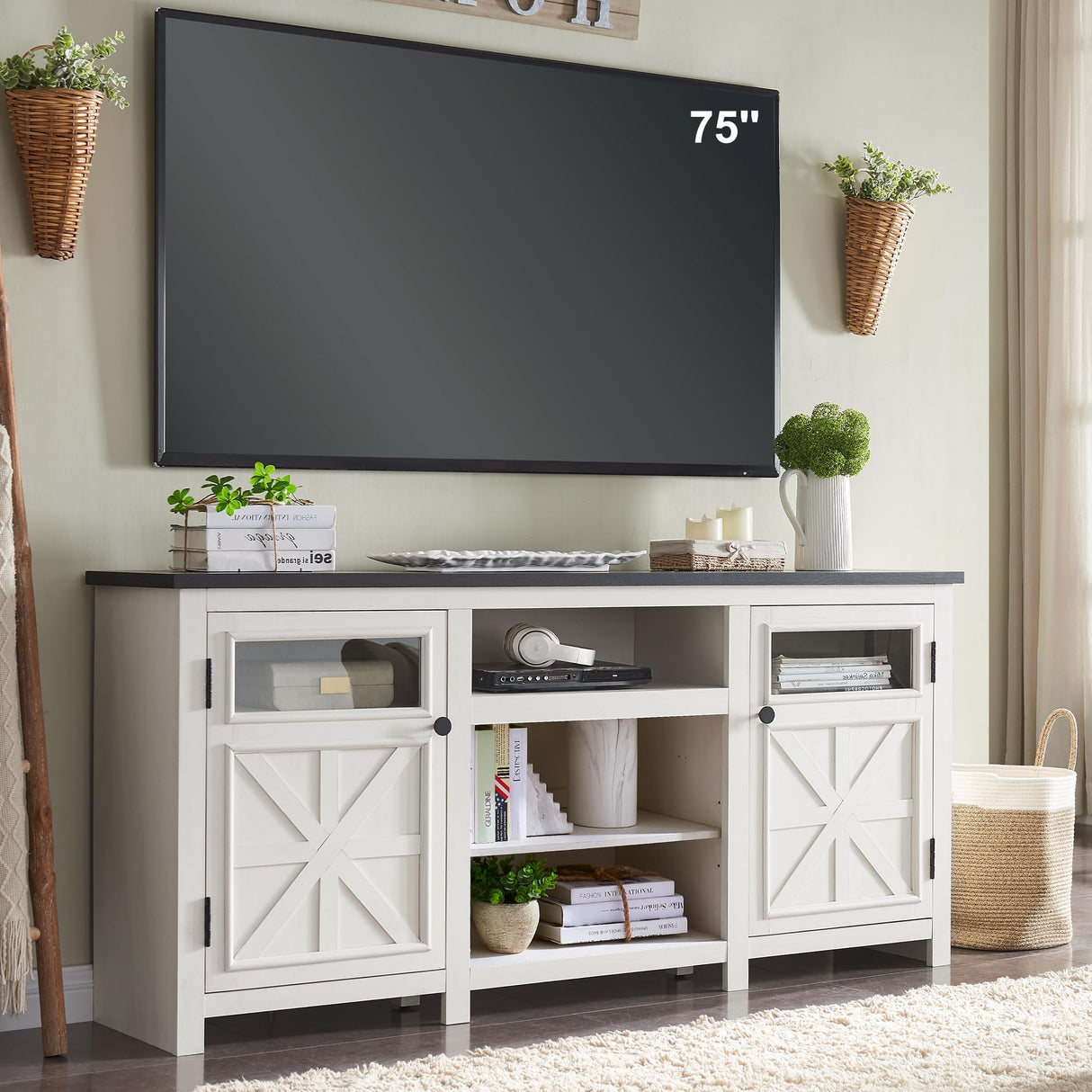 JXQTLINGMU Farmhouse TV Stand for 75 Inch TV, Entertainment Center with Storage, Modern TV Cabinet with Barn Doors, 66" Rustic TV Console for Living Room, Adjustable Shelf - Off White JXQTLINGMU