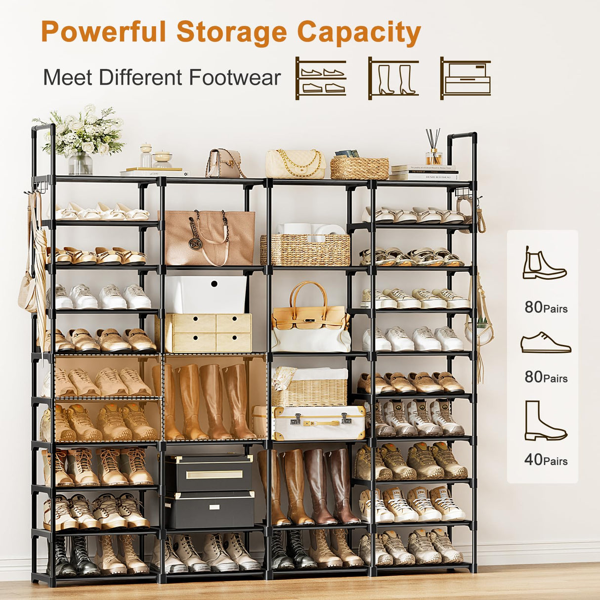 WOWLIVE 4 Row 10 Tiers Extra Large Shoe Rack 72-80 Pairs Big Tall Metal Shoe Shelf, Heavy Duty Organizer for Closet Entryway, Boot Rack Storage Stackable Stand for Garage Black WOWLIVE