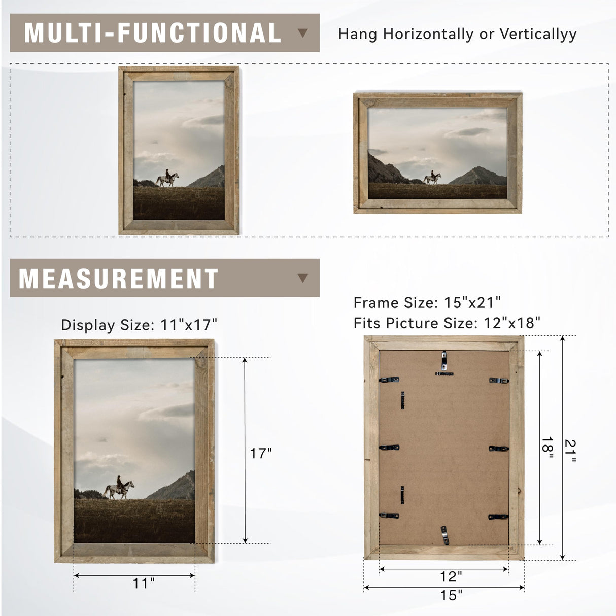 Rustic 12x18 Picture Frame, Reclaimed Barnwood Photo Frame with HD Tempered Glass, Distressed Family Art Gallery Corner, Horizontal and Vertical Wall Mounting Display with Hardware, Set of 1 FLYJOE