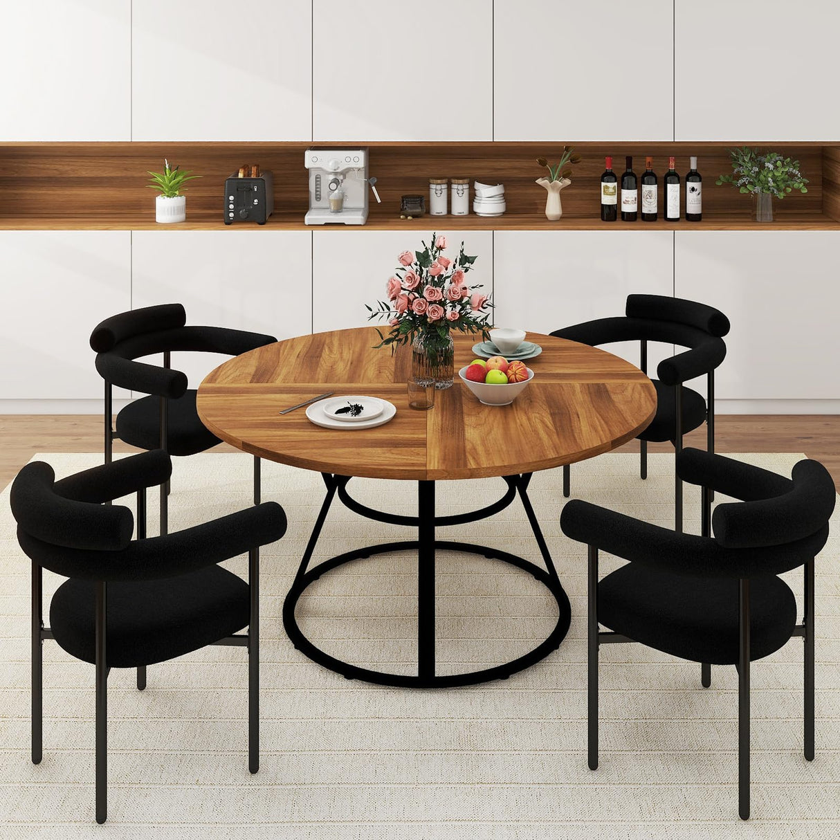 STHOUYN 47” Round Dining Table Set for 4, Small Round Kitchen Table with 4 Boucle Dinner Chairs, Modern Circle 5 Piece Dining Table with Steel Legs (Black) STHOUYN