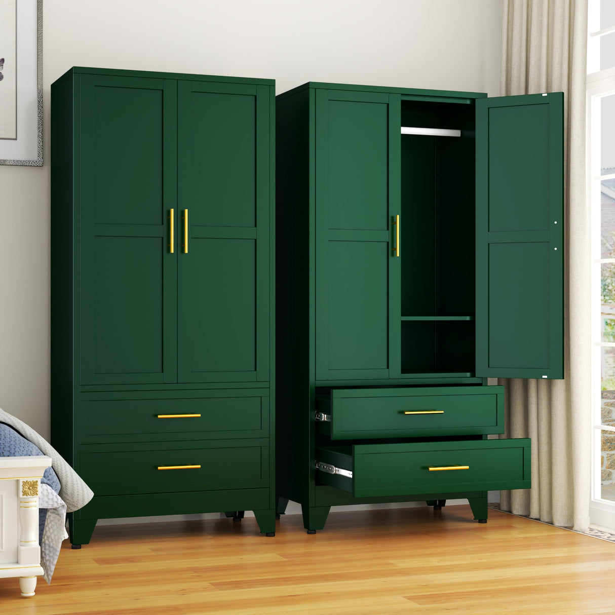 71" Metal Armoire Wardrobe Closet, Metal Wardrobe Cabinet with Hanging Rod (Green) GAIOUS
