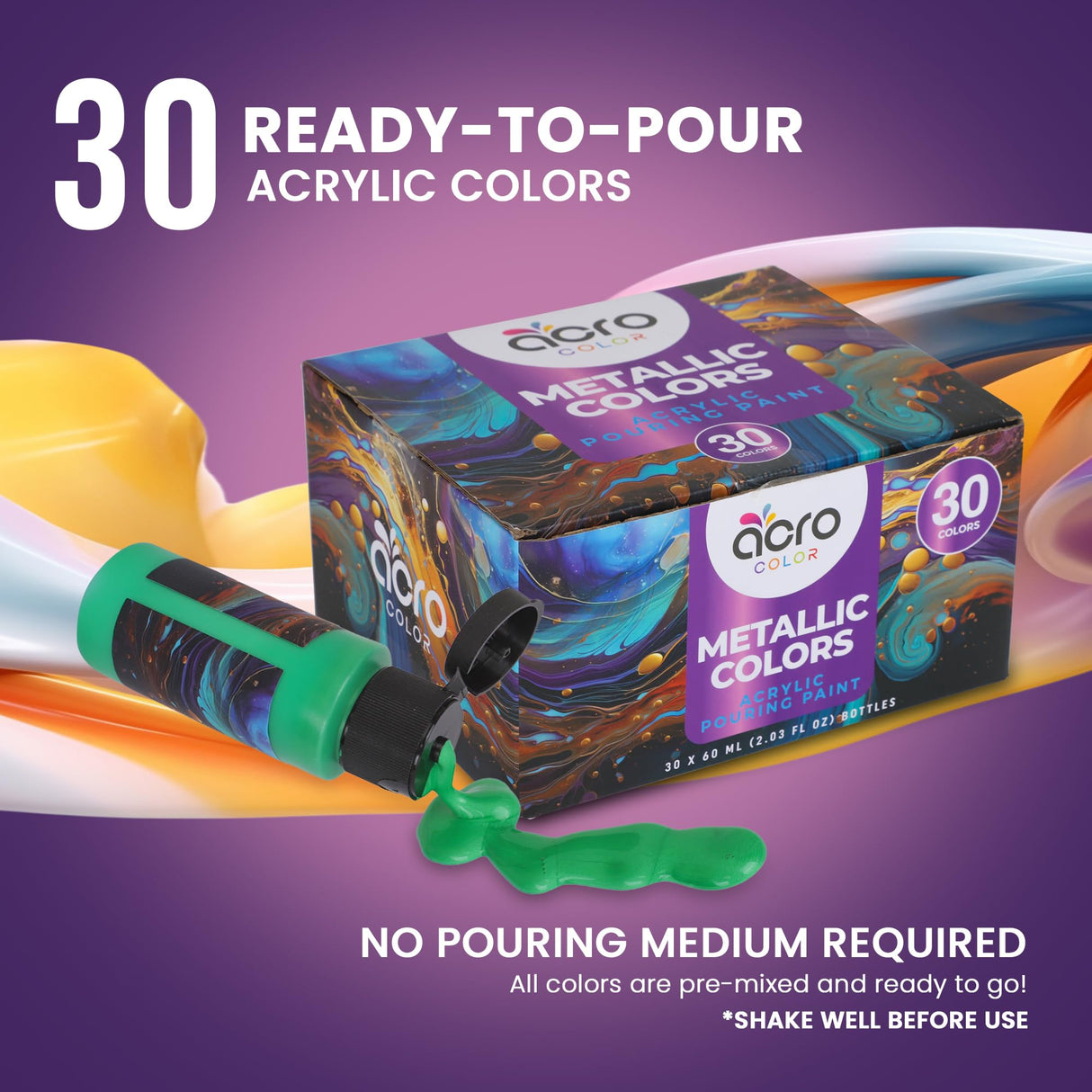 Acrylic Pouring Paint Set | 30 Vibrant Colors Including An Array Of Metallic, Neon & Pastel Paints | Pre Mixed, Ready to Use, High Flow Paint For Canvas, Paper, and More | 2 Ounces Per bottle Acro Color