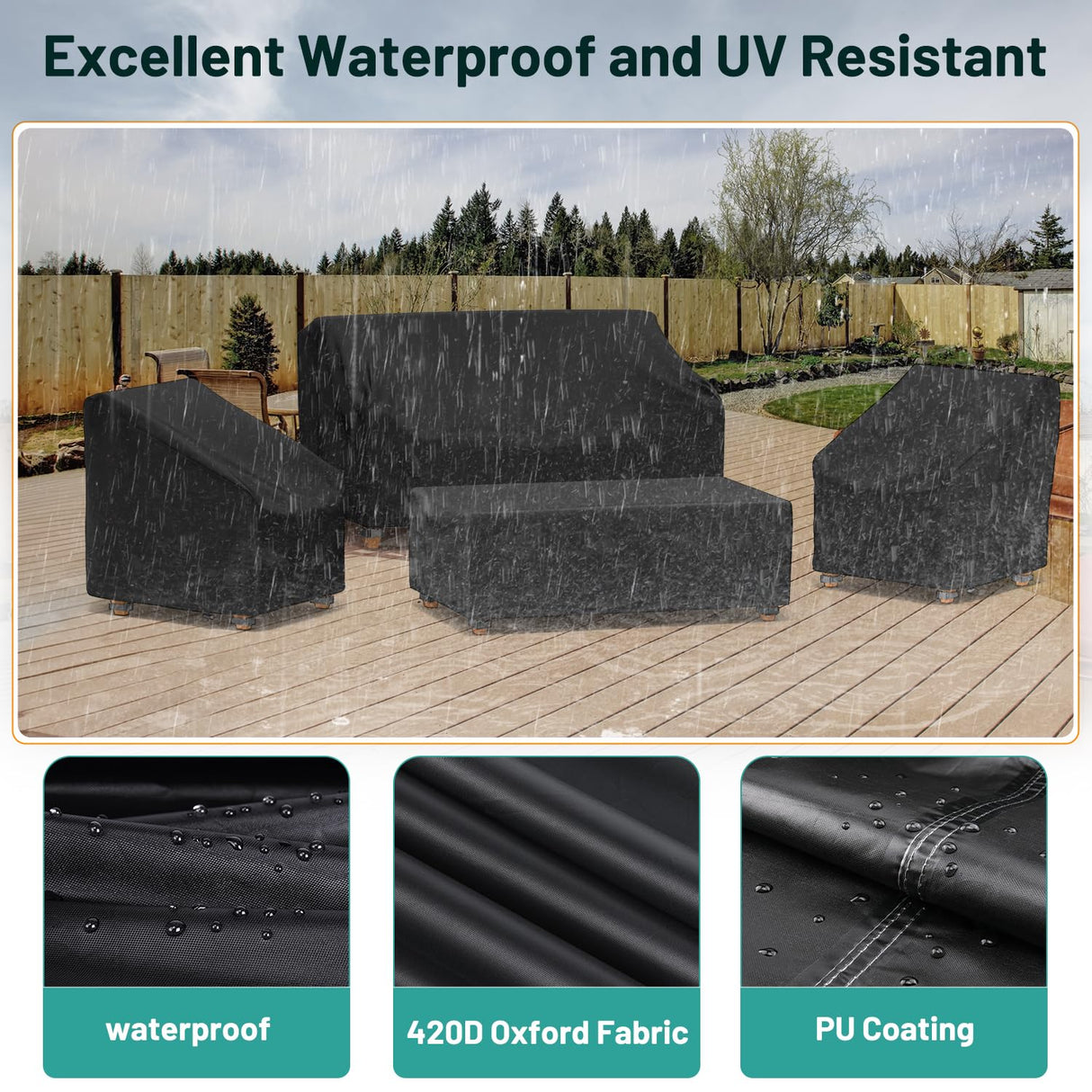 Mrrihand Patio Furniture Covers, 4 Piece Outdoor Furniture Cover Waterproof includ Ourdoor Sofa Cover, 2 Chair Covers, Coffee Table Cover with Windproof Buckle Strap and Adjustable Drawstring Mrrihand