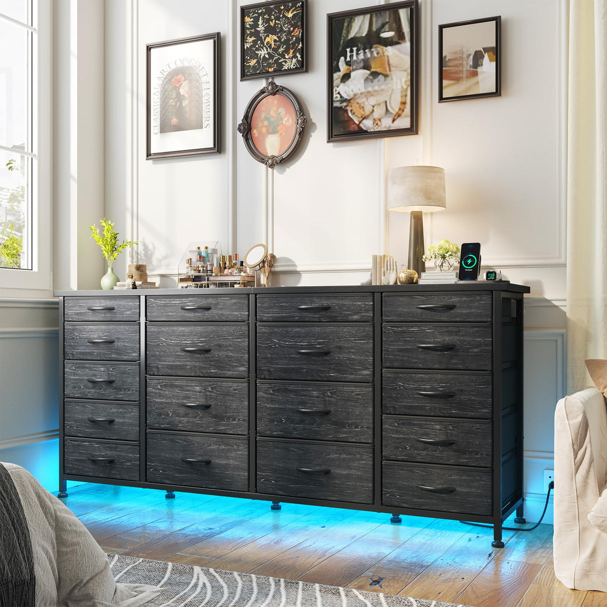 EnHomee 63" W 18 Drawers Dresser with LED Lights & Power Outlets Long Dresser for 65" TV Stand for Bedroom Large Fabric Dressers & Chests of Drawers for Bedroom, Sturdy Metal Frame (Charcoal Black) EnHomee