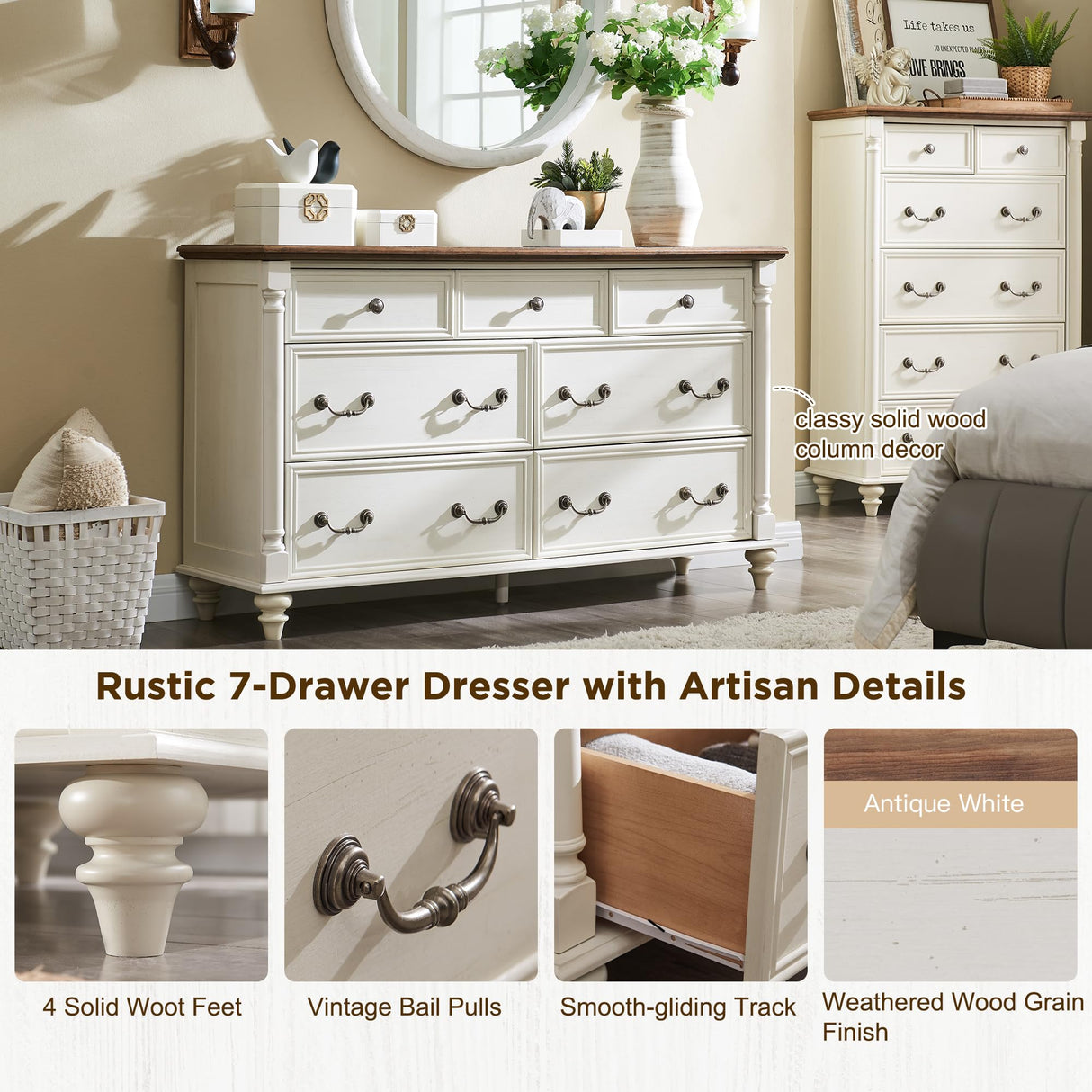 T4TREAM Farmhouse 7 Drawers Dresser Chests for Bedroom with 4 Solid Wood Feet, Tall Wide Wood Country Rustic Chest of Drawers, Storage Dressers for Bedroom, Living Room, Antique White T4TREAM