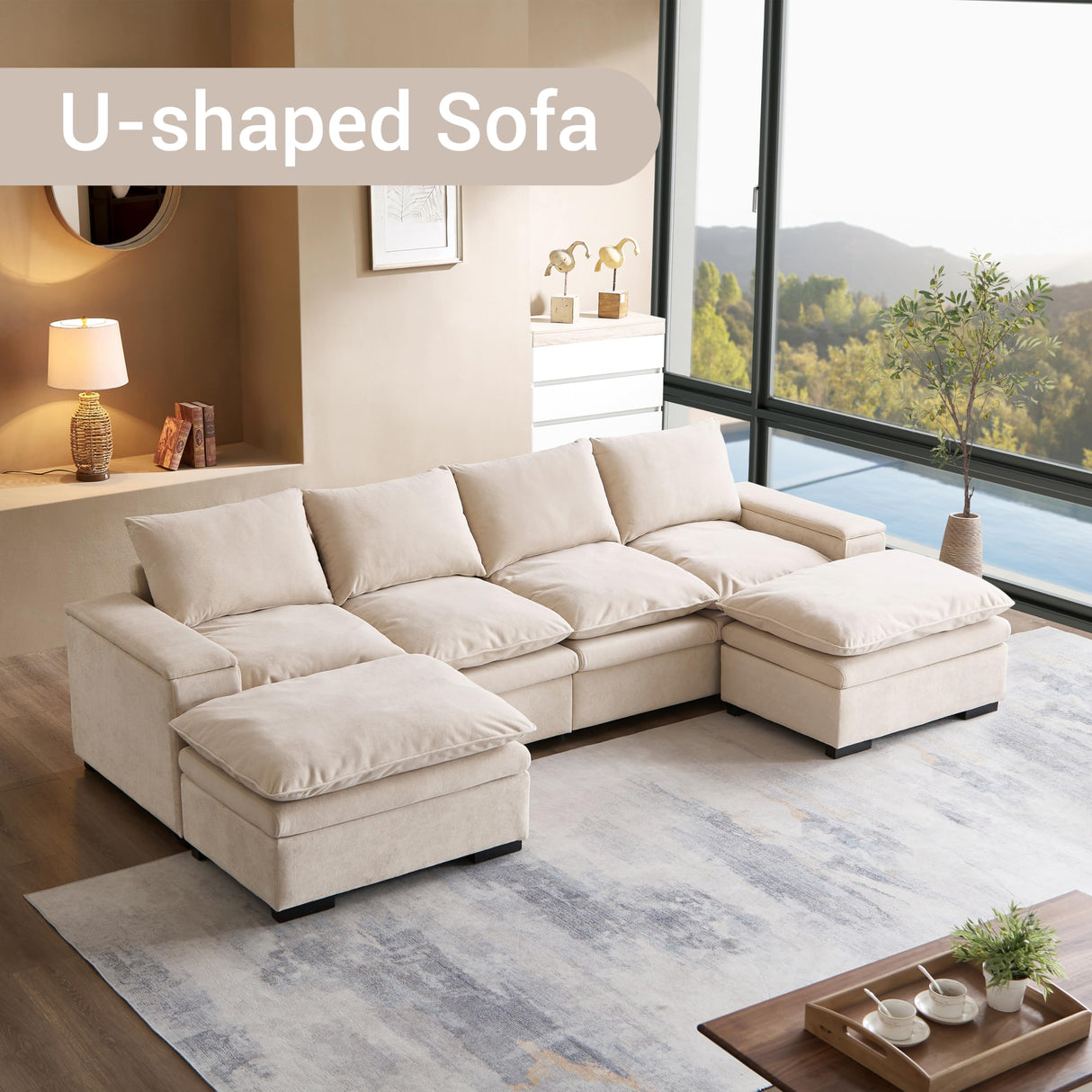 N NOORDENIYA 122″ Oversized Modular Sectional Sofa with Movable Ottoman, 6-Seat Deep Seat Sofa with Armrest Storage, Convertible U Shaped Couch for Living Room, Bedroom and Apartment, Terry, Beige N NOORDENIYA