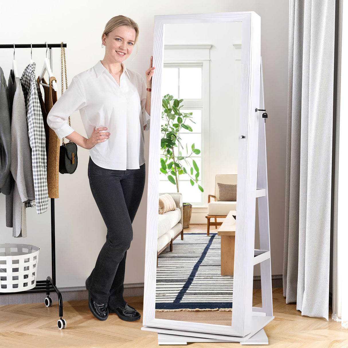 sogesfurniture Lockable Floor Standing Wooden Jewelry Armoire with Full Length Mirror 360°Rotatable Jewelry Organizer Cabinet Lockable with Storage sogesfurniture