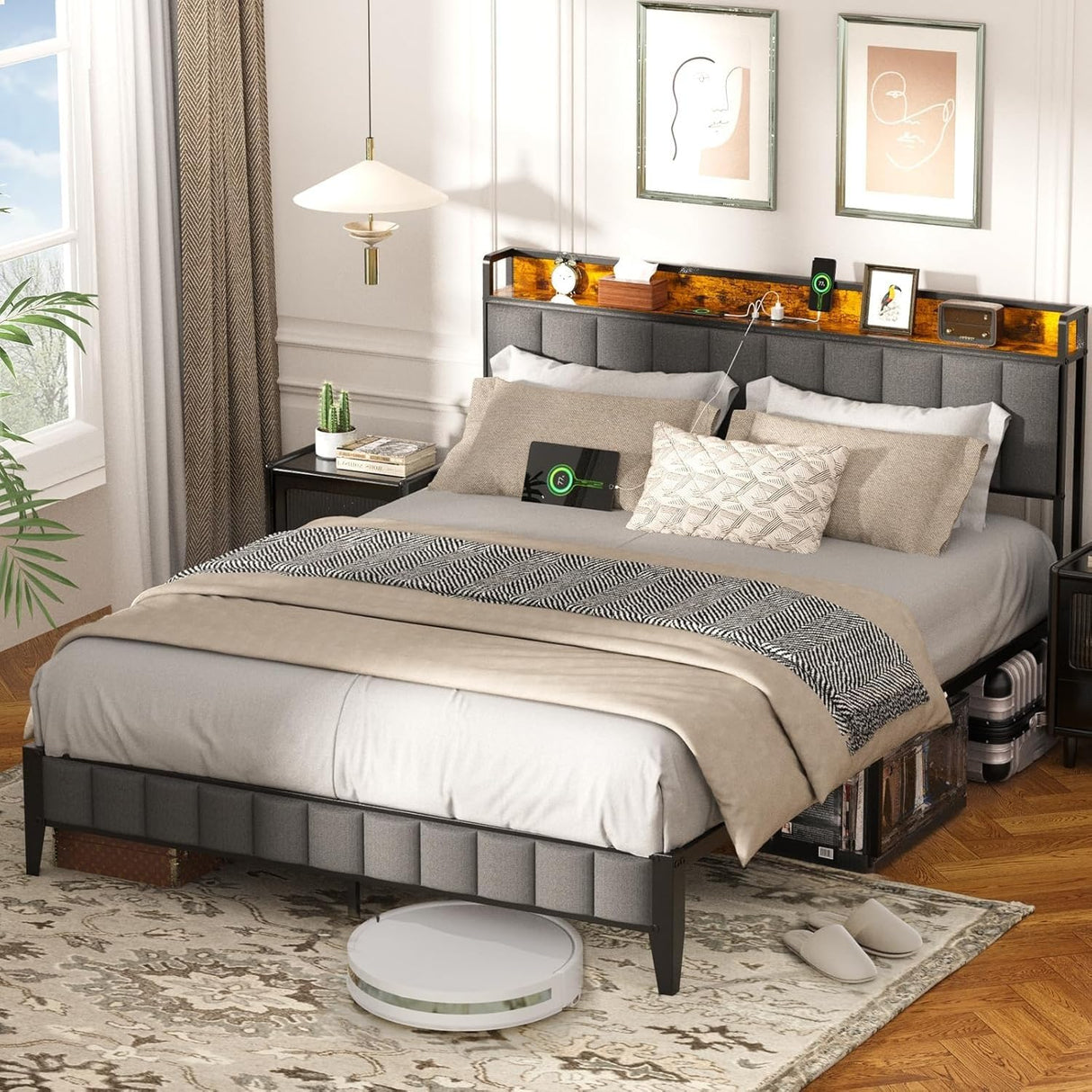 Queen Bed Frame, Storage Headboard with USB Ports & Charging Station, No Box Spring Needed, Noise-Free, Heavy Duty Metal Frame Support, Easy Assembly EasyCom