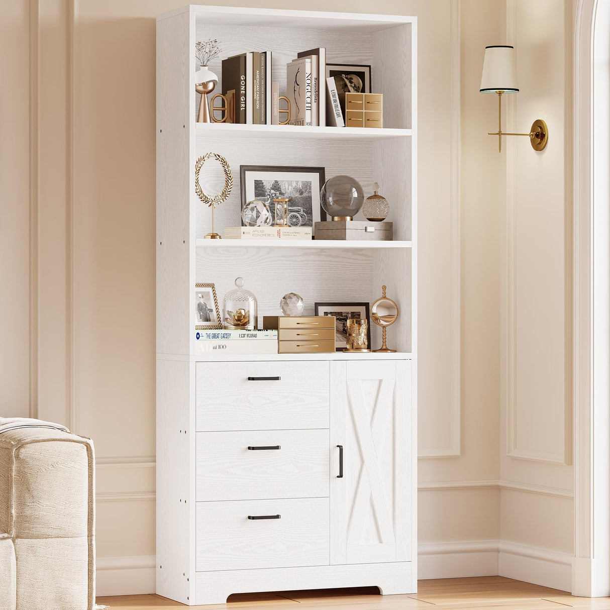 IRONCK Bookshelf with Door and 3 Drawers, 71in Tall Bookcase Shelf with 3-Tier Shelves, for Bedroom Living Room Entrance Hallway Home Office IRONCK