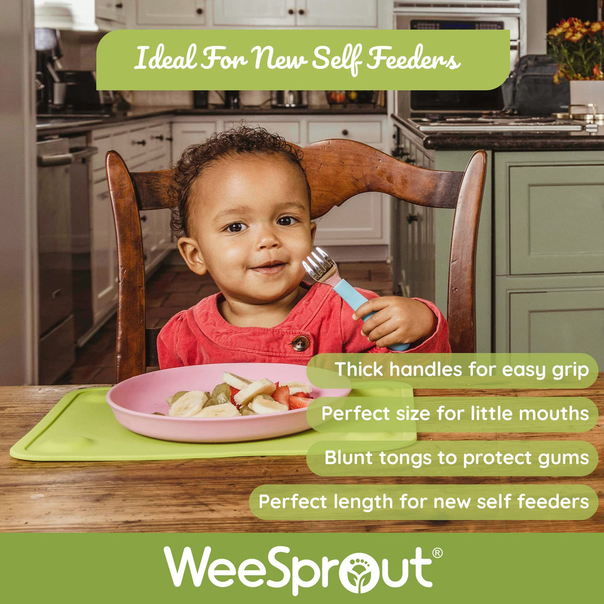 WeeSprout Toddler Utensils, 3 Forks & 3 Spoons, 18/8 Stainless Steel & Food Grade Silicone, Thick Easy-Grip Handles, Perfect Length For New Self Feeders, Gentle On Gums & Teeth, Dishwasher Safe WeeSprout